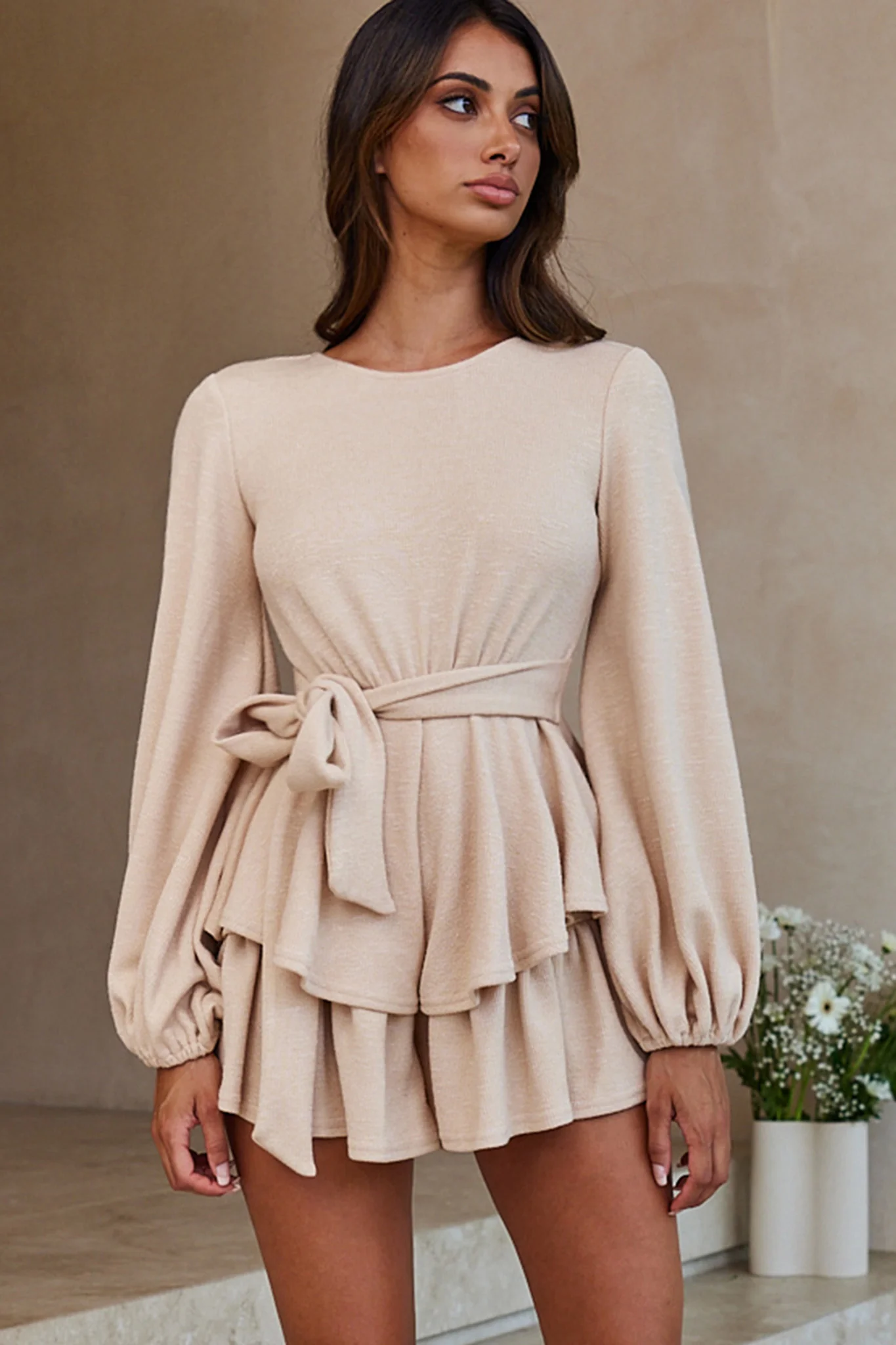 Talk About It Balloon Sleeve Open Back Knit Romper Beige - Sonourner