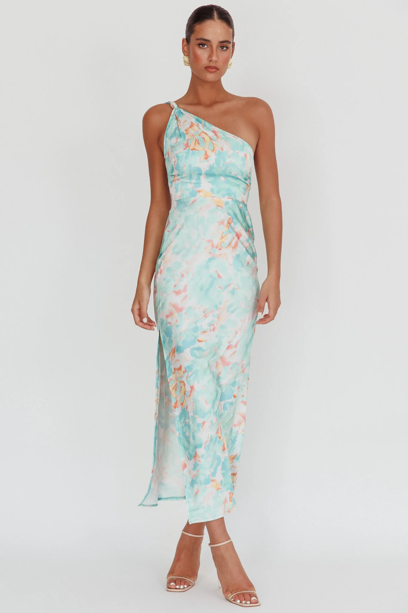 Portland One-Shoulder Maxi Dress Floral Mint - Sonourner