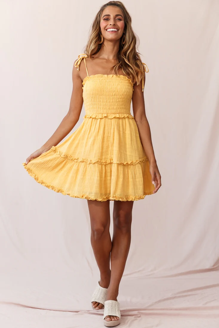 Sherry Tied Shoulder Shirred Bust Dress Yellow - Sonourner