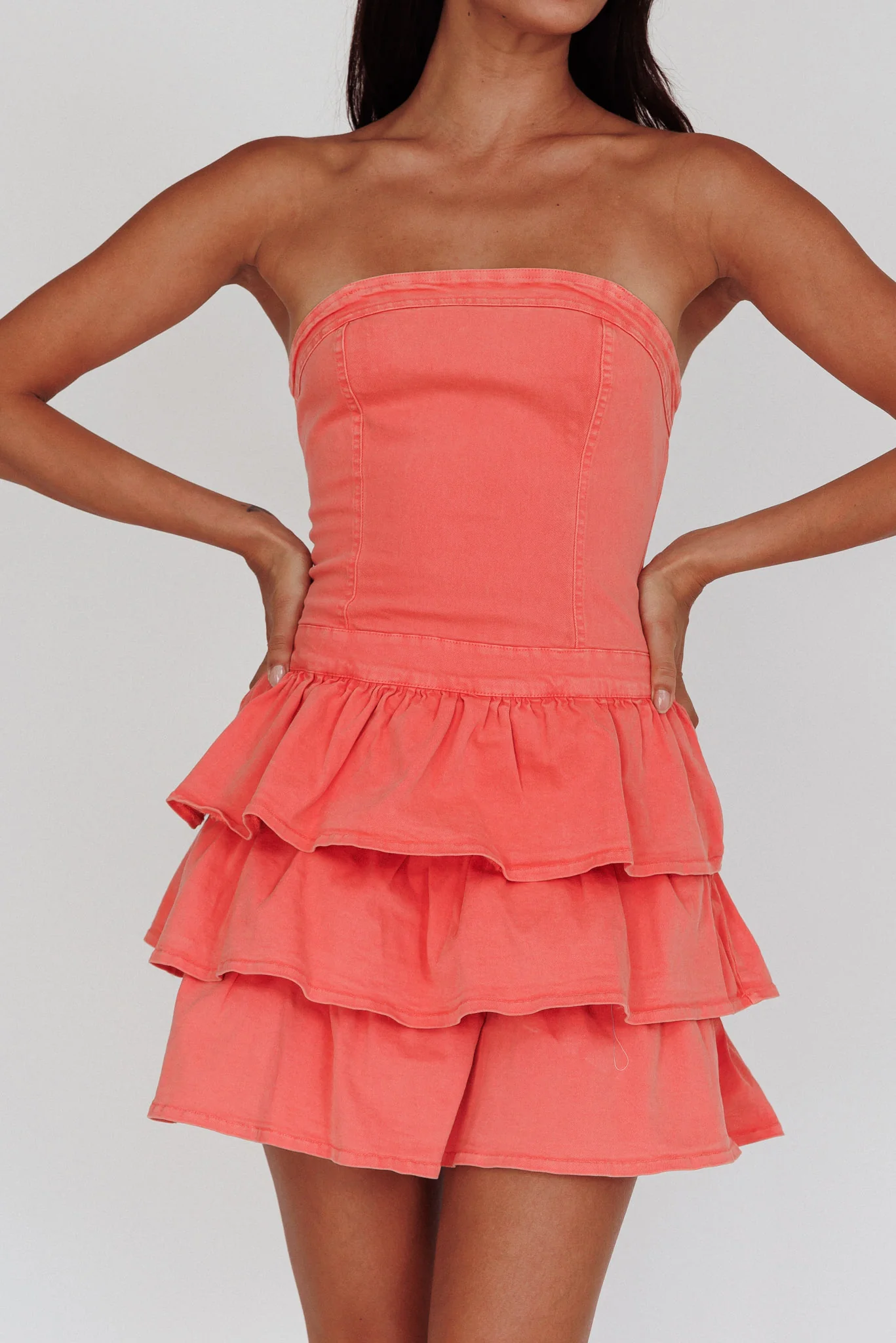 Philly Strapless Ruffle Mini Dress Sugar Coral - Sonourner