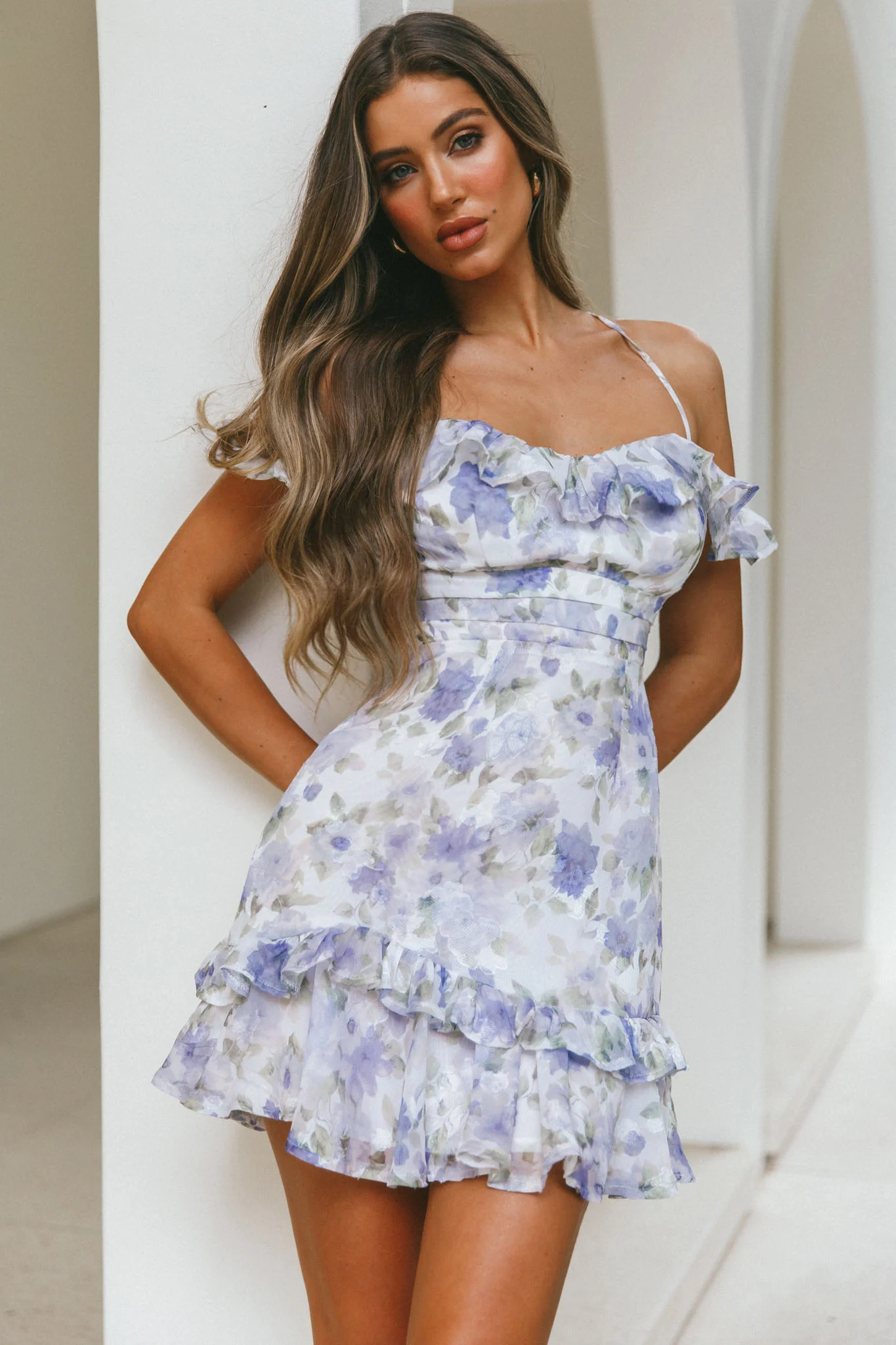 Matilda Frill Trim Off-Shoulder Mini Dress Floral Print Blue - Sonourner