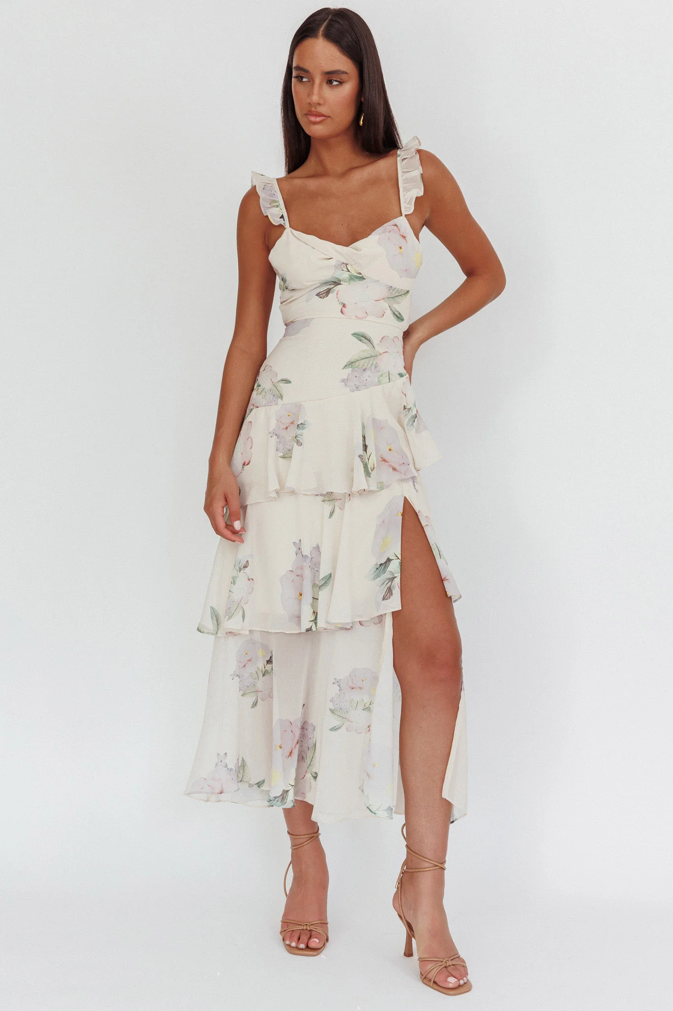 Veda Ruffle Strap Split Maxi Dress Magnolia Cream - Sonourner