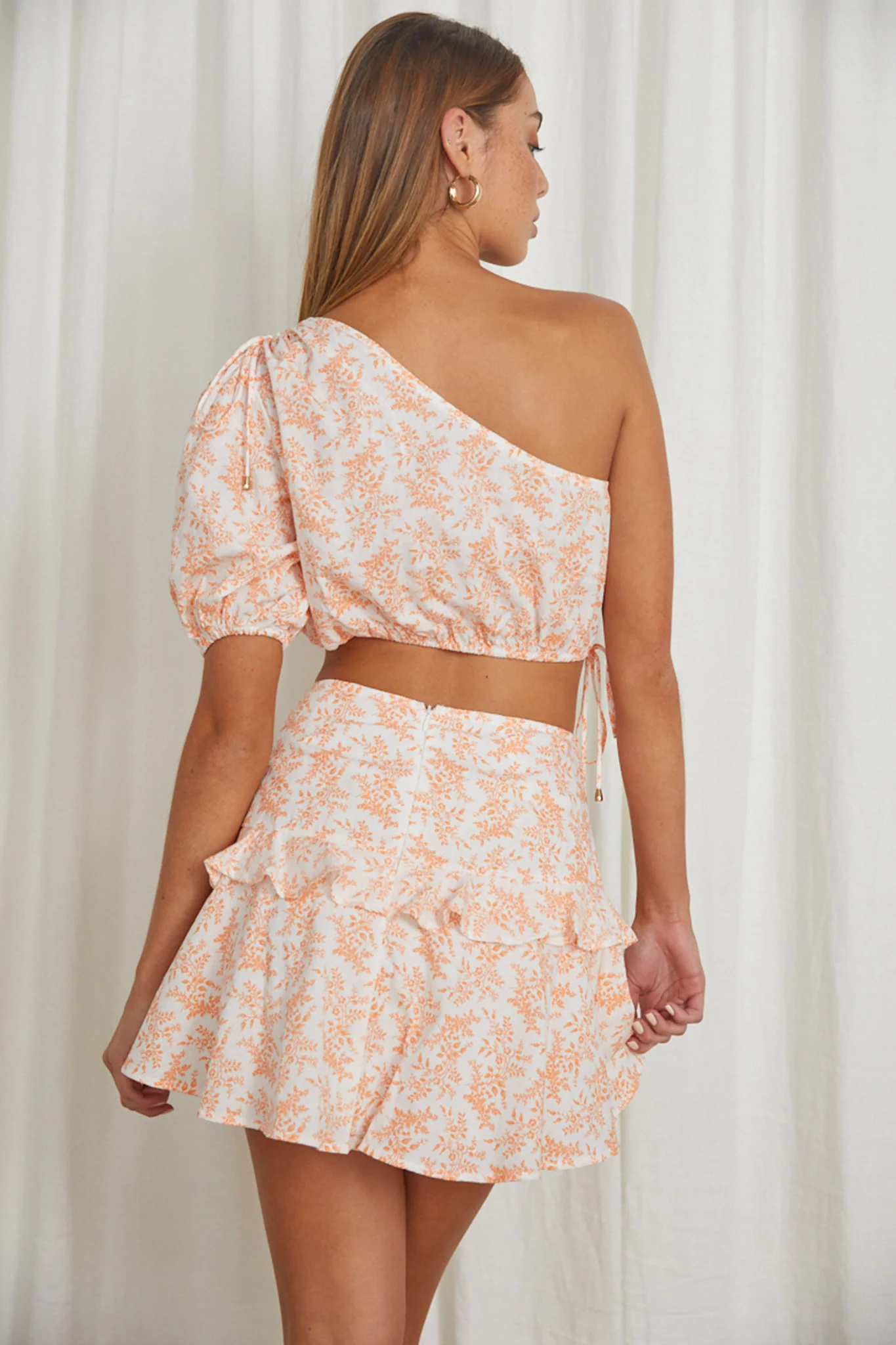 Georgette Frill Trim Skirt Floral Orange - Sonourner