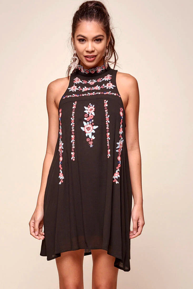 Shonda Floral Embroidered Detail Mid-Length Dress Black - Sonourner