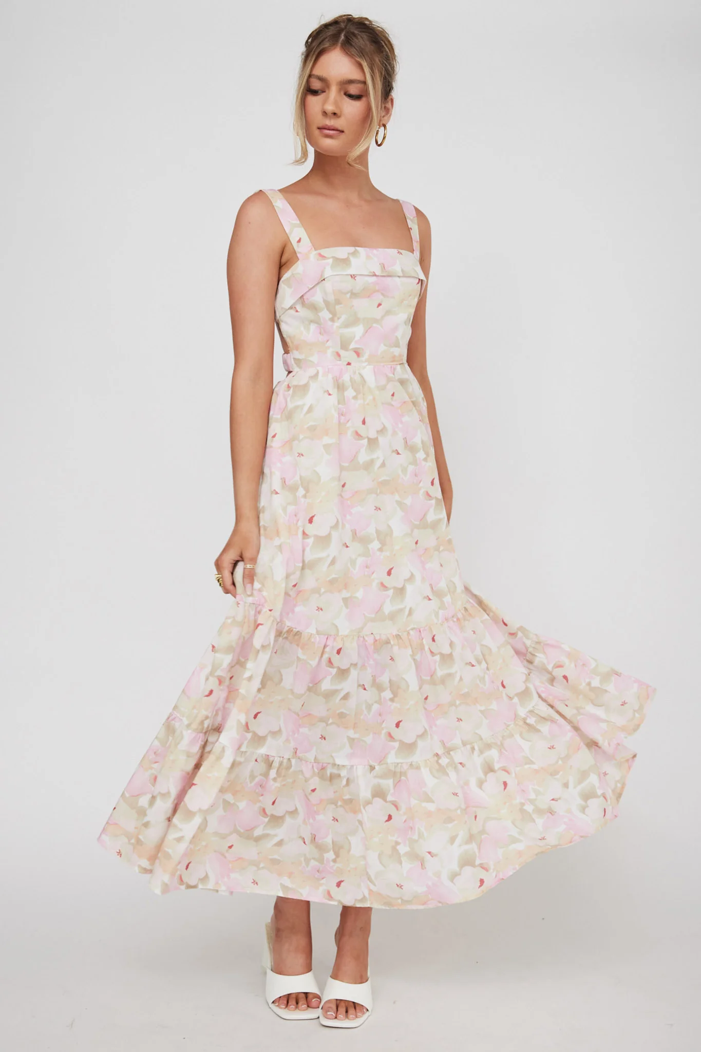 Lisseth Foldover Neckline Midi Dress Floral Pink - Sonourner