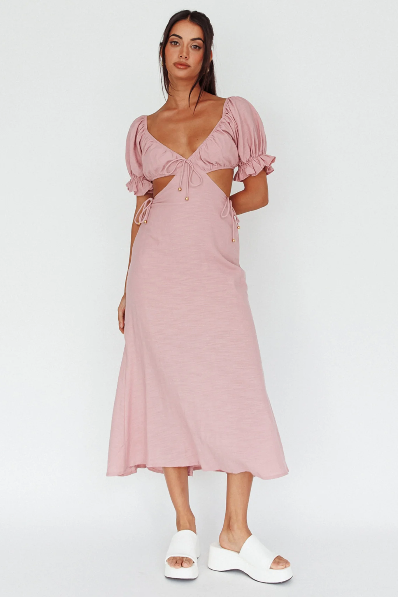 Fancy Free Puff Sleeve Midi Dress Blush - Sonourner