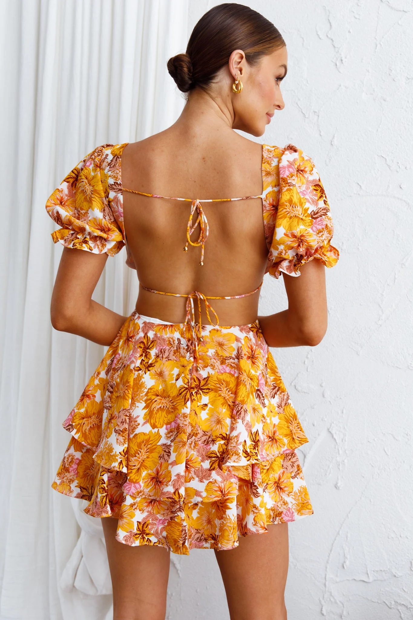 Orianthi Cut-Out Waist Mini Dress Floral Yellow - Sonourner