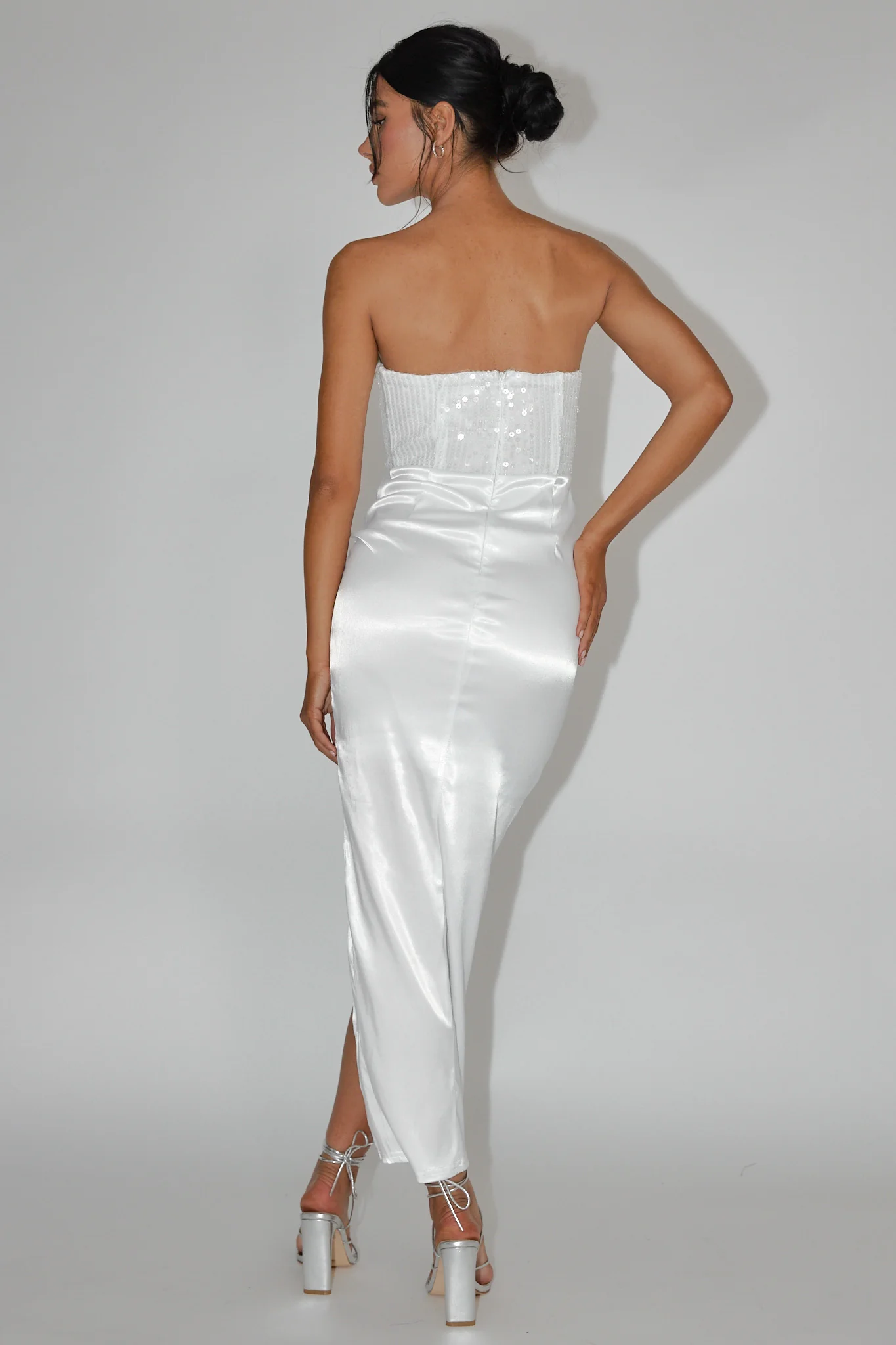 Yadira Sequin Bodice Satin Midi Dress White - Sonourner