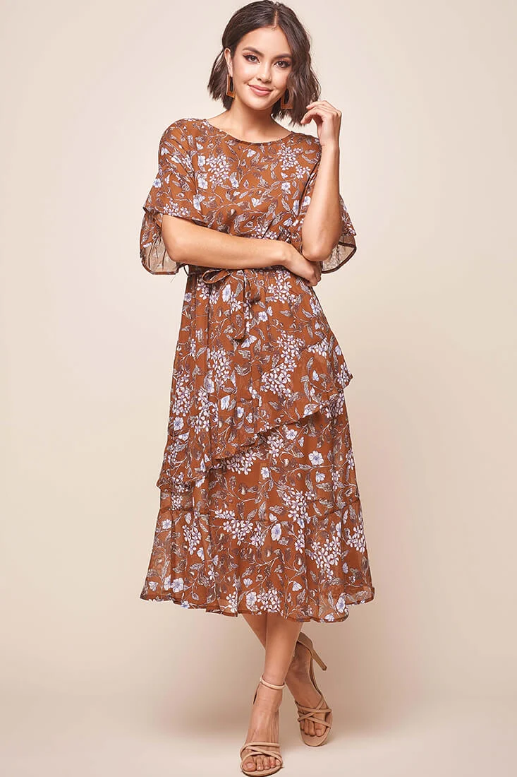Jackson Waist Tie Ruffle Dress Rust Print - Sonourner