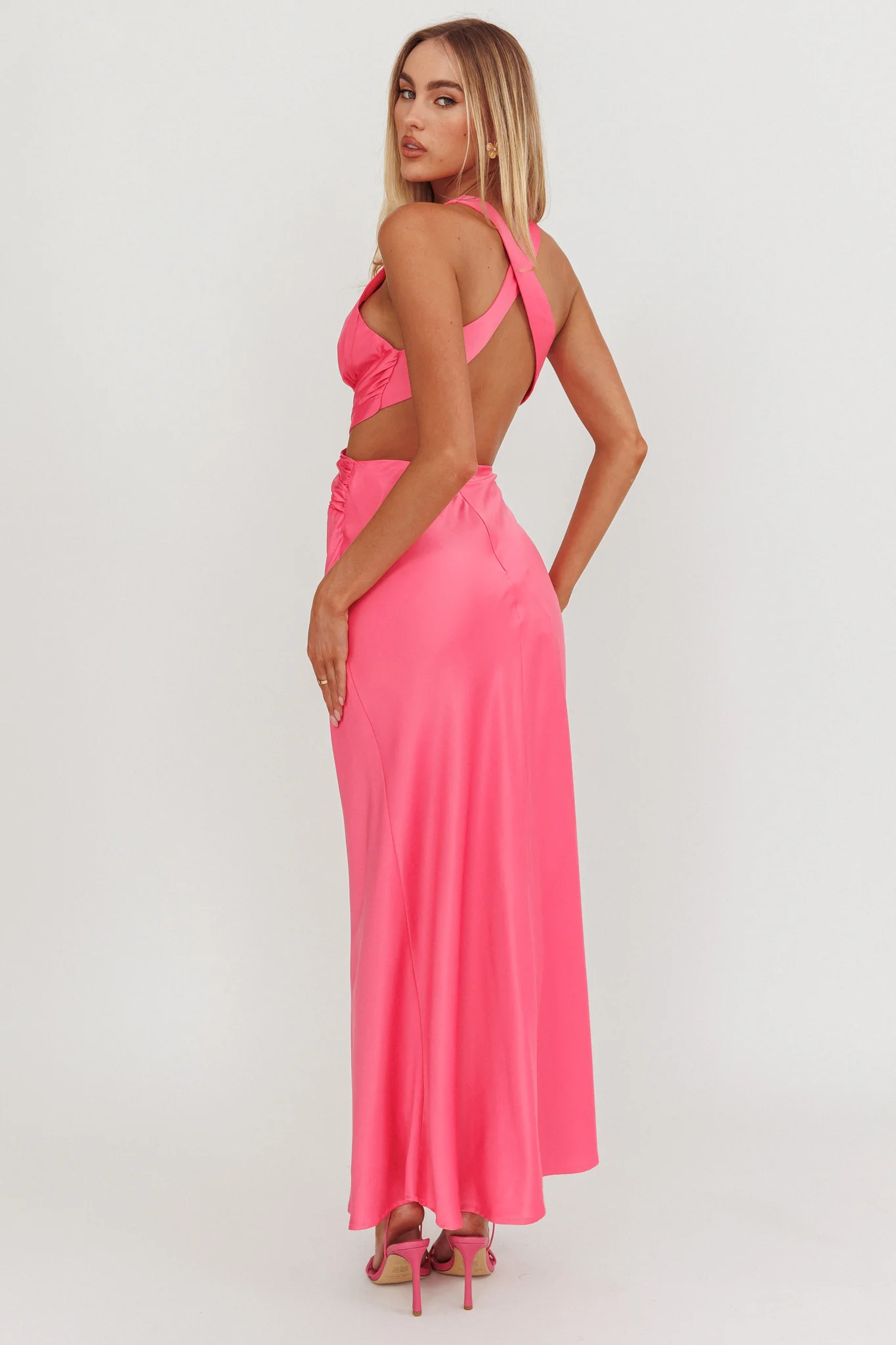 On And On Crossover Cut-Out Maxi Dress Hot Pink - Sonourner