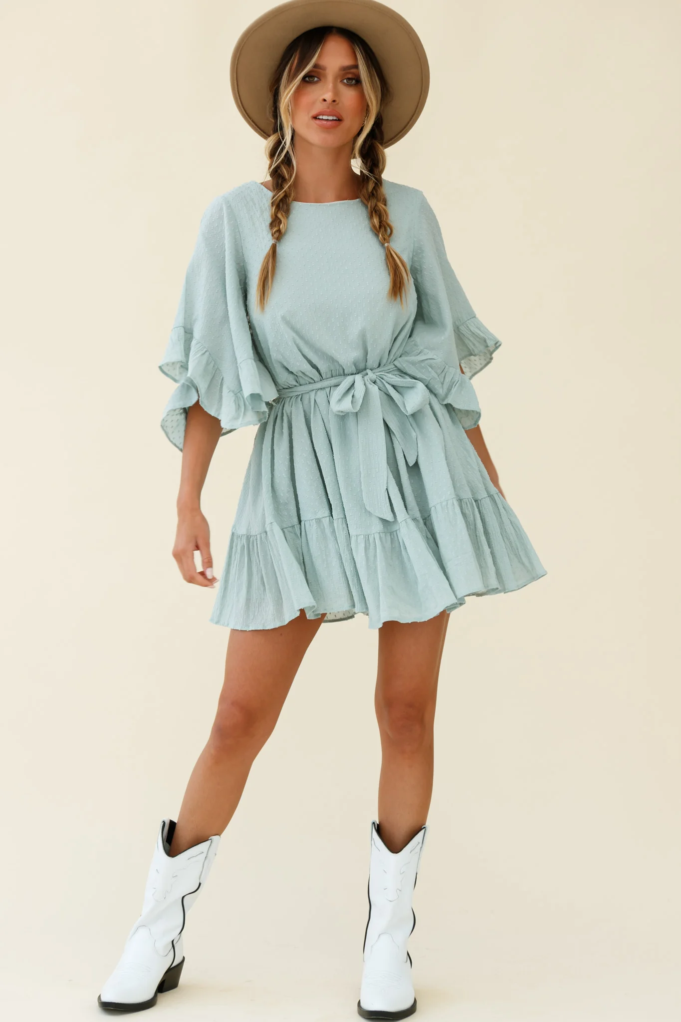 Joni Batwing Sleeve Waist Tie Dress Sage - Sonourner