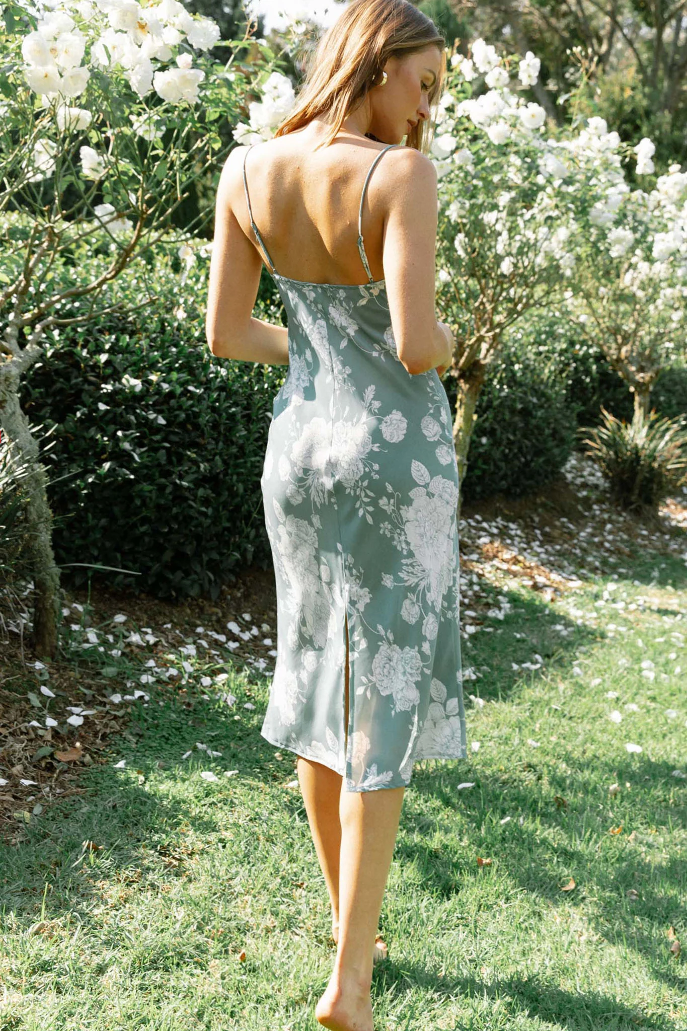 Show Me Love Cowl Neck Midi Dress Flower Print Sage - Sonourner