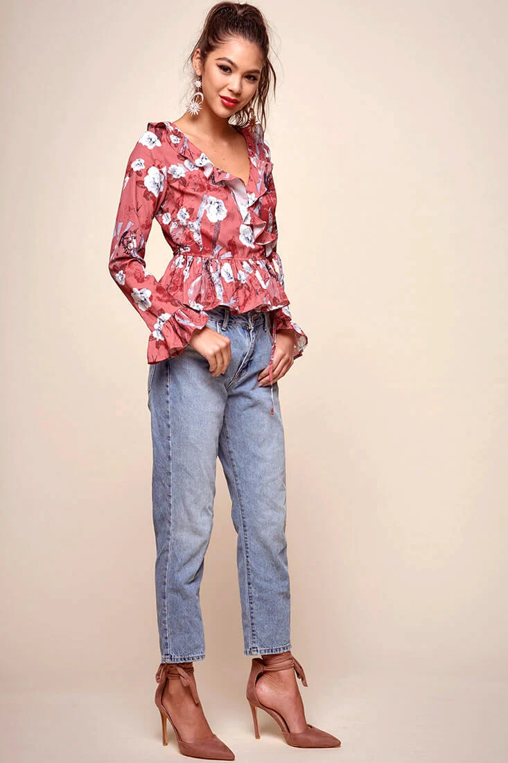 Bellamy Ruffled Bell Sleeve Floral Top Red - Sonourner