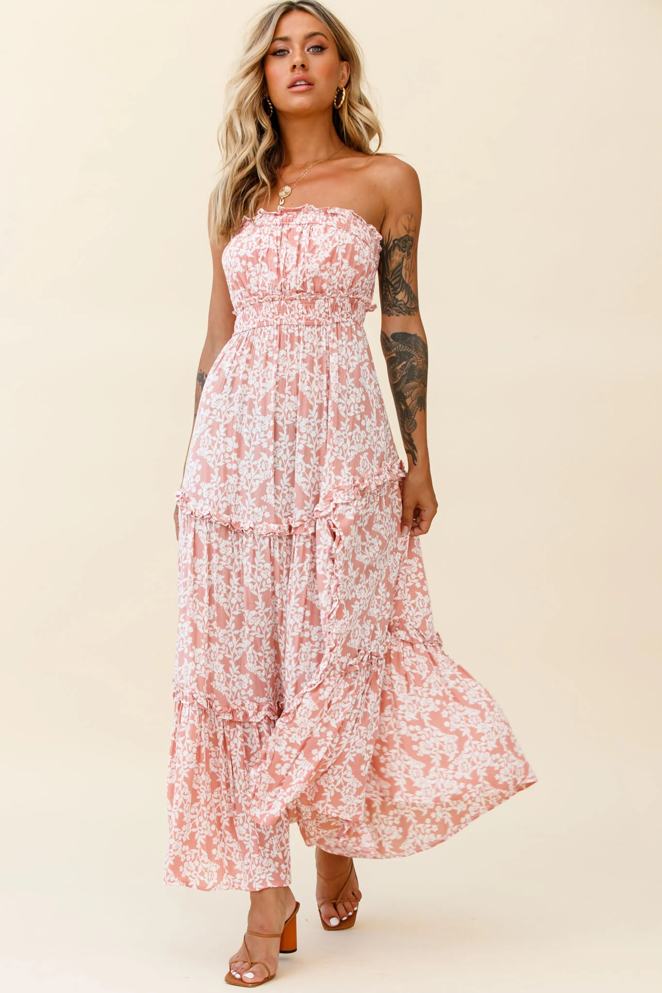 Take Me Away Strapless Maxi Dress Floral Print Blush - Sonourner