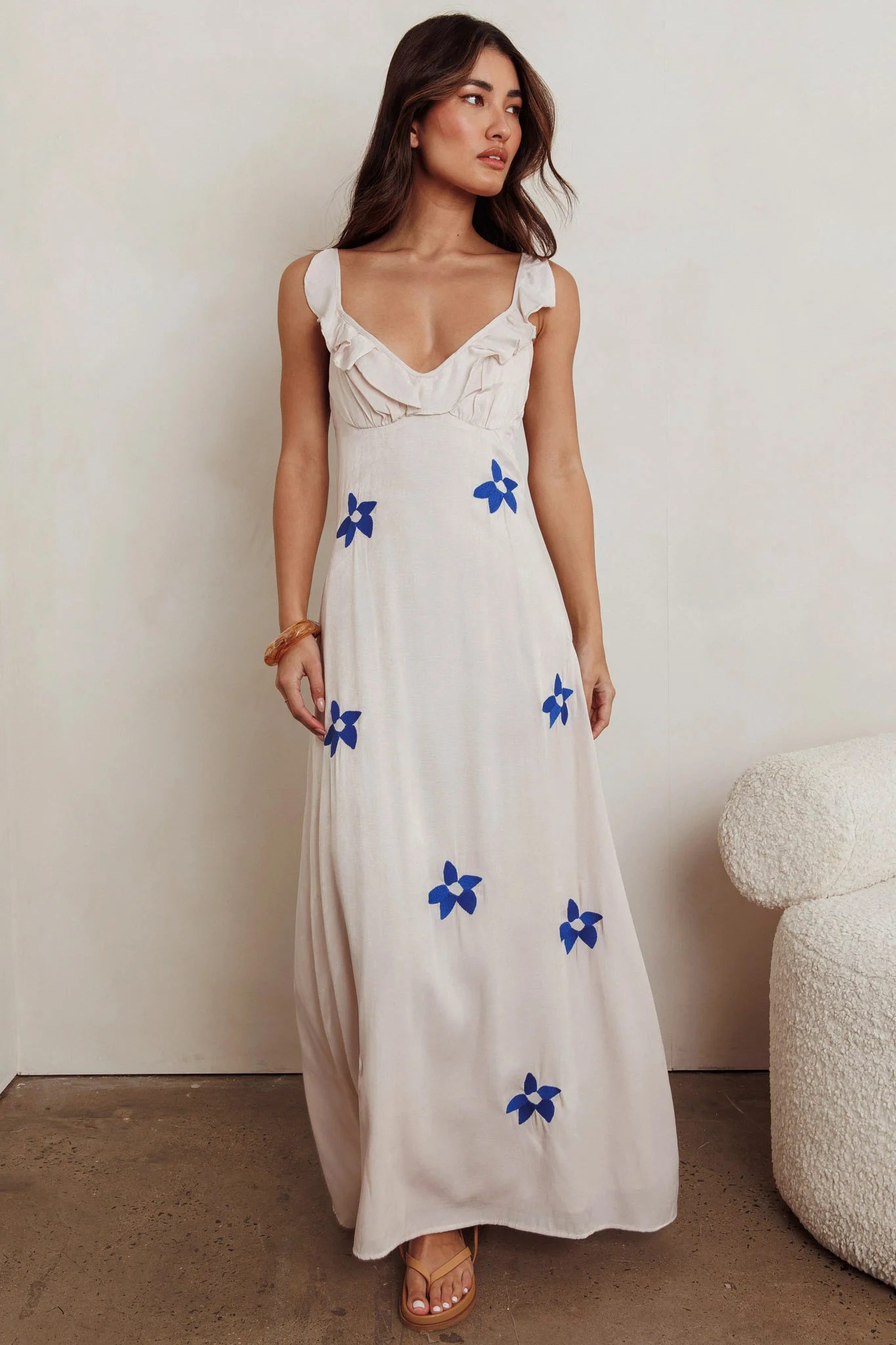 Hibiscus Ruffle A-line Maxi Dress Bone - Sonourner