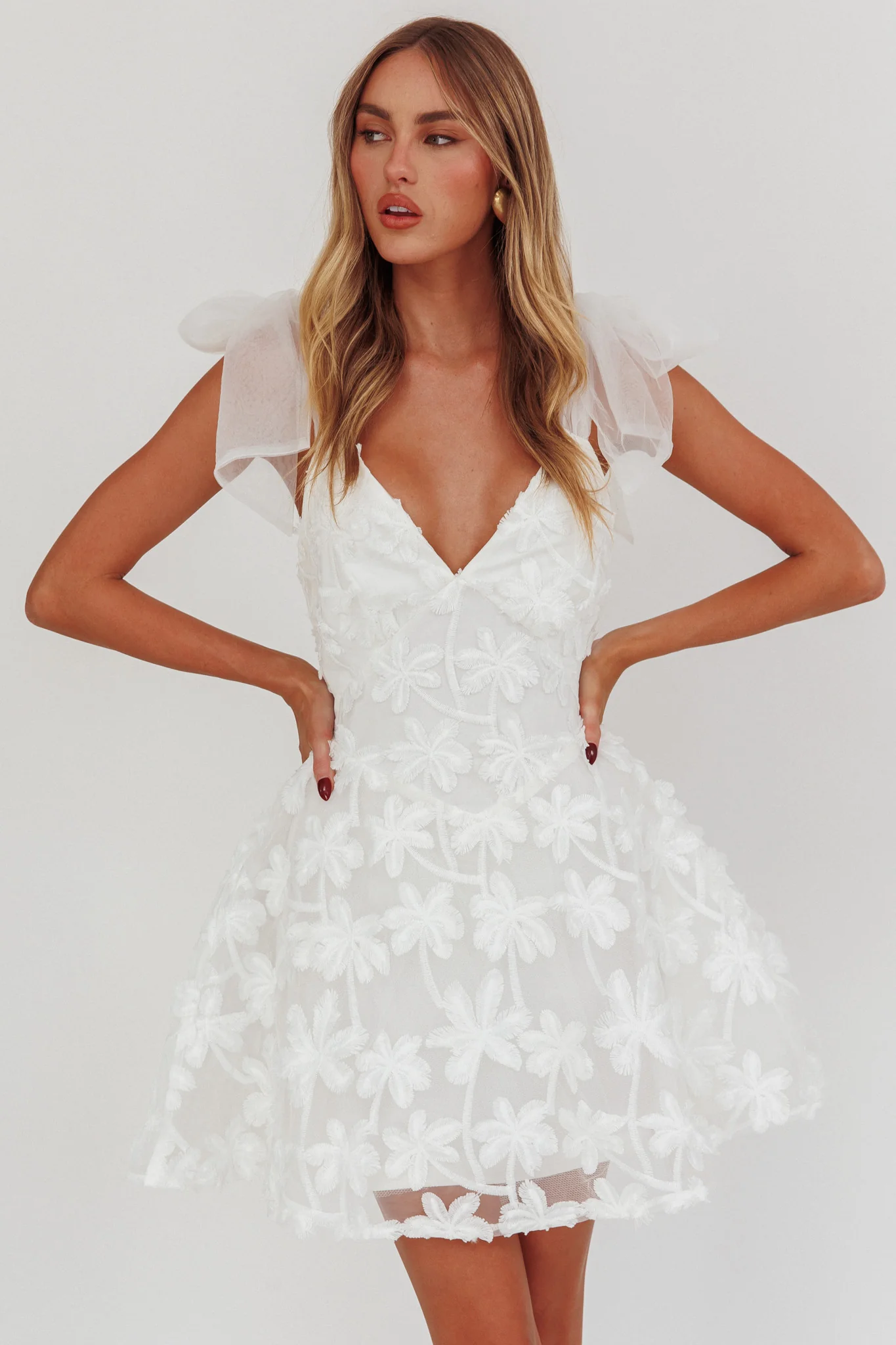 Mykonos Morning Tied Shoulder Mini Dress Embroidered Palm White - Sonourner