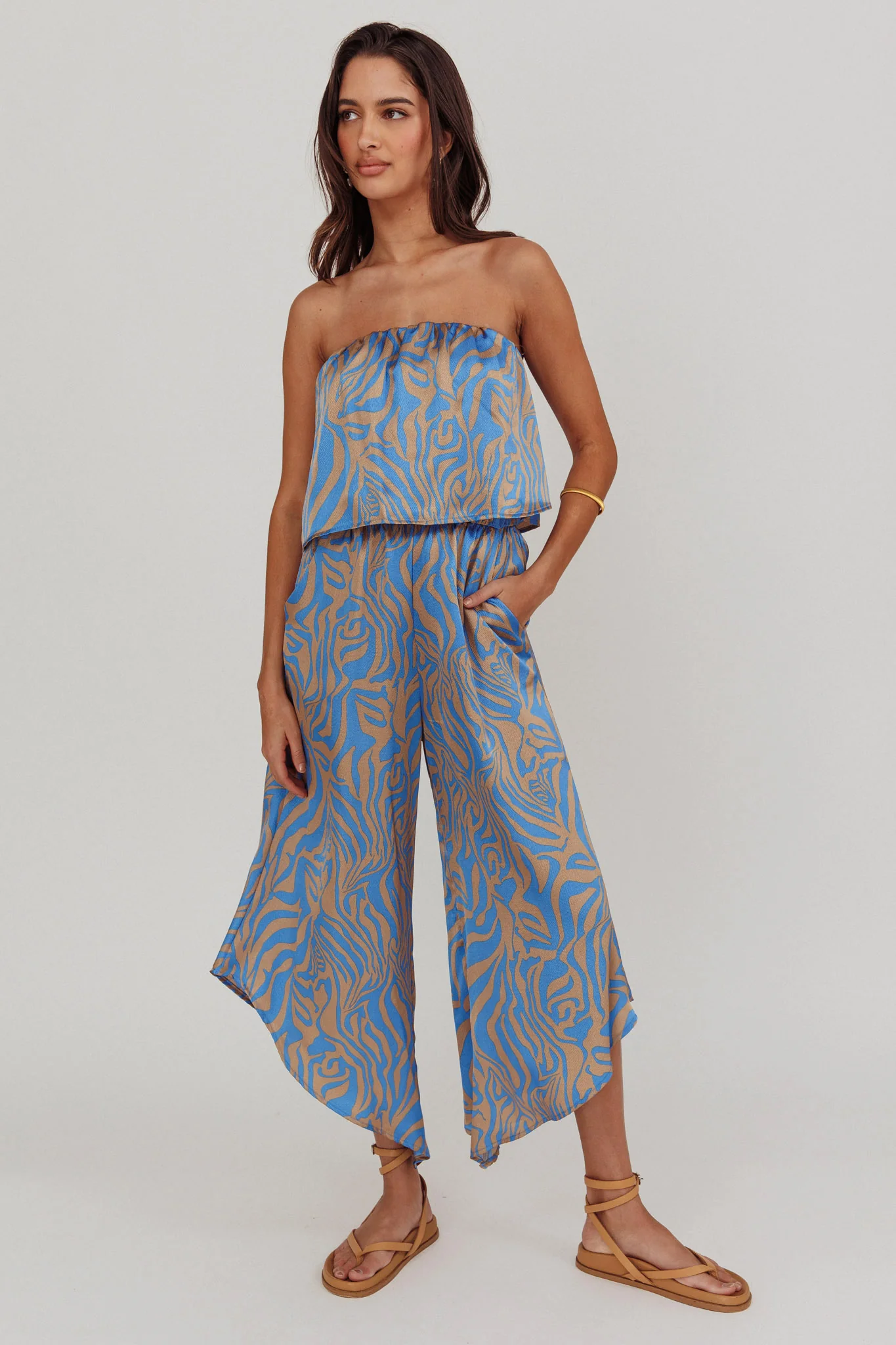 Tongue Tied Printed Strapless Jumpsuit Blue - Sonourner