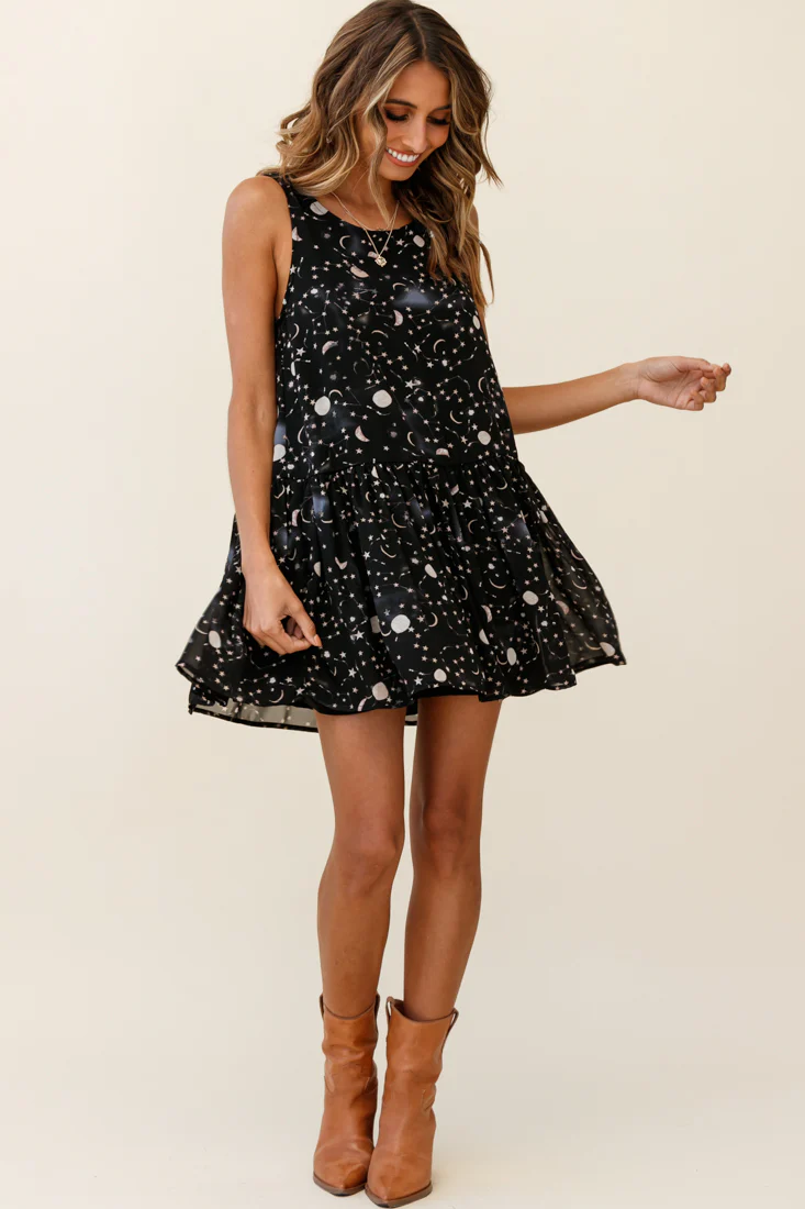 Mina Sleeveless Button Back Shift Dress Galaxy Print Black - Sonourner