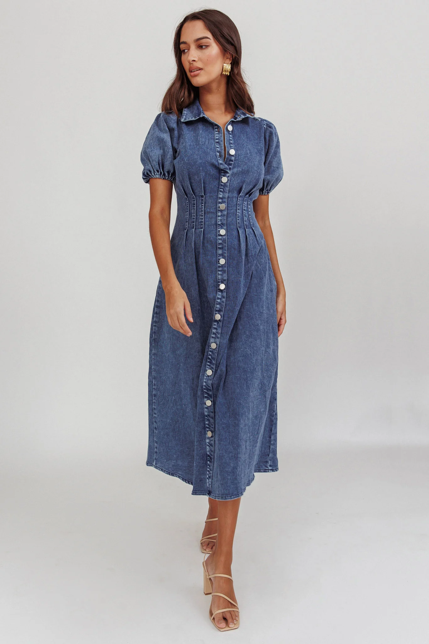 Zurich Pleated Waist Midi Dress Denim Dark Blue - Sonourner