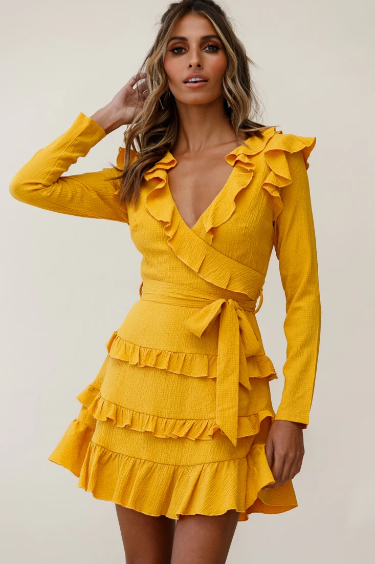 Jemirah Ruffle-Trimmed Long Sleeve Frill Dress Mustard - Sonourner