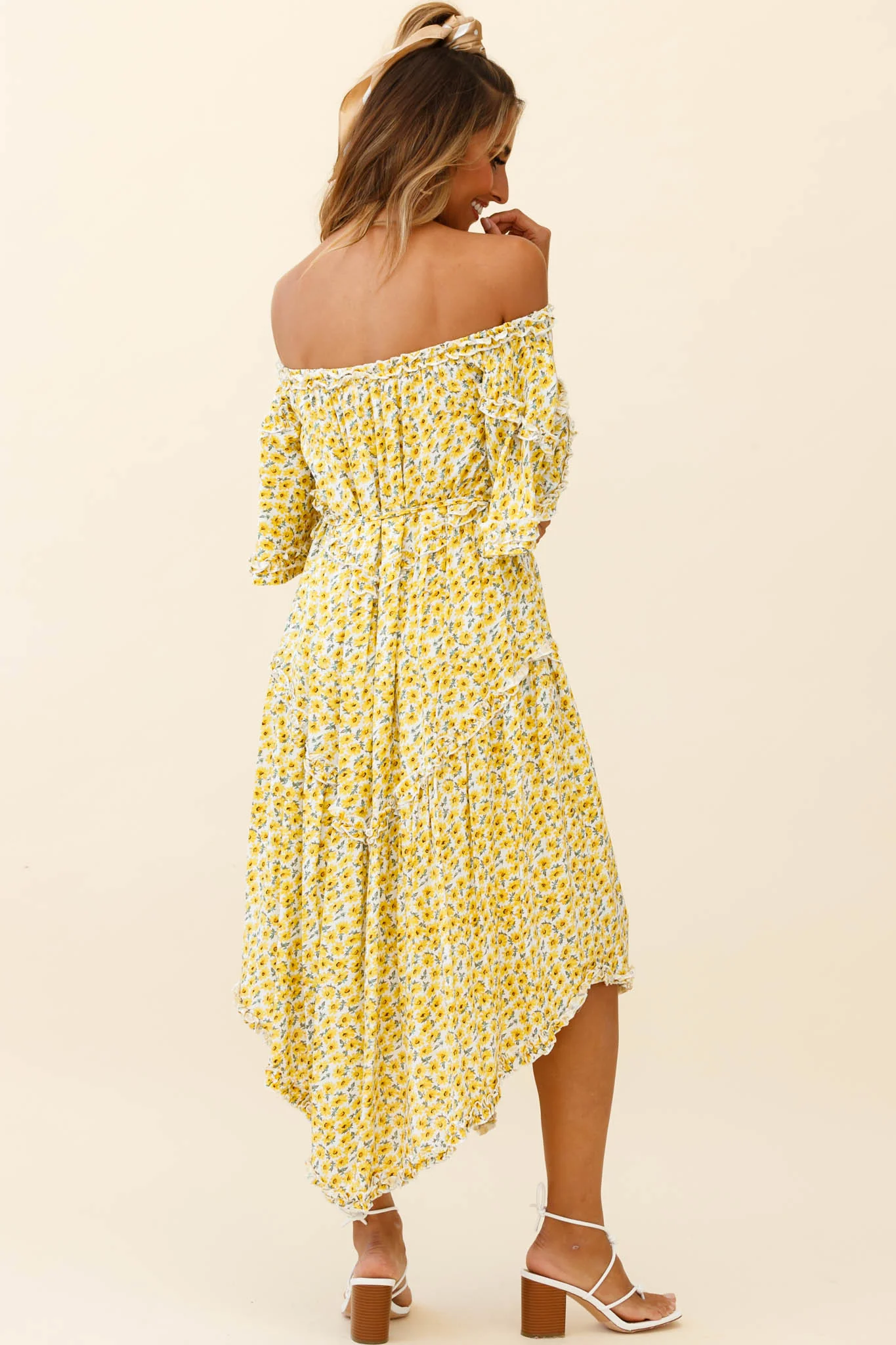 Renoir Off-Shoulder Frill Trim Dress Floral Print Yellow - Sonourner