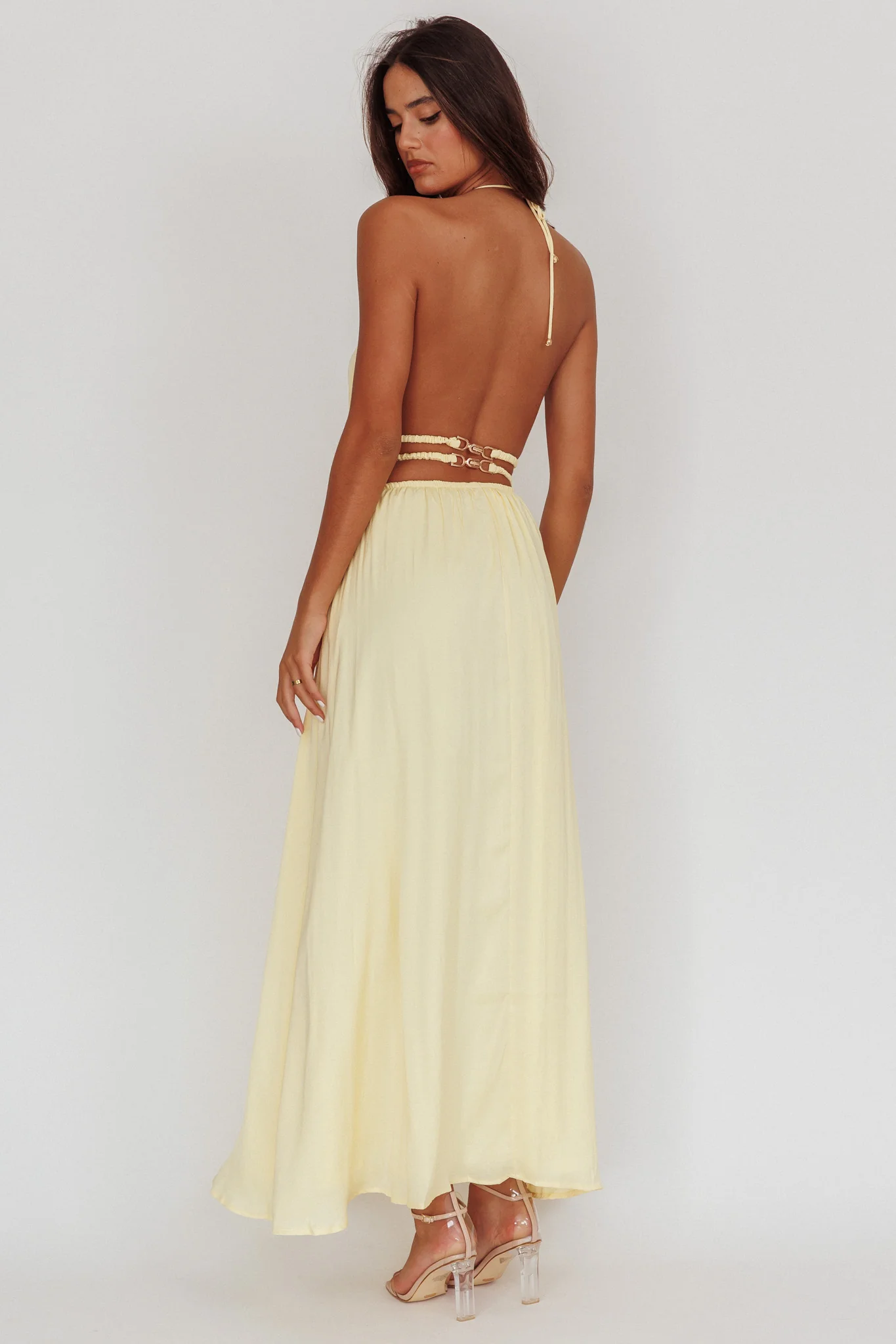 Cyndi Open Back Halterneck Maxi Dress Light Yellow - Sonourner