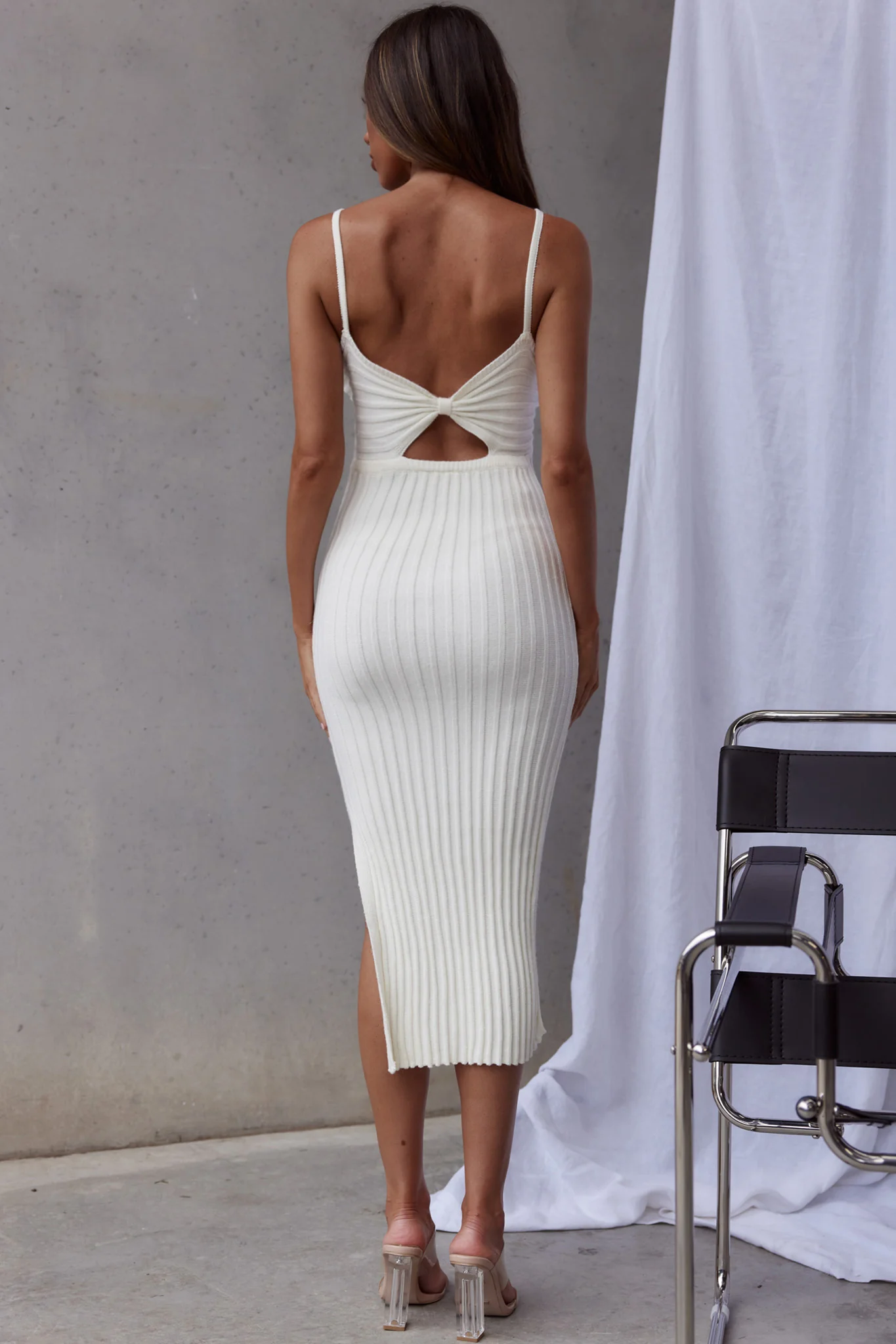 Sweepstakes Ribbed Knit Side Split Midi Dress White - Sonourner