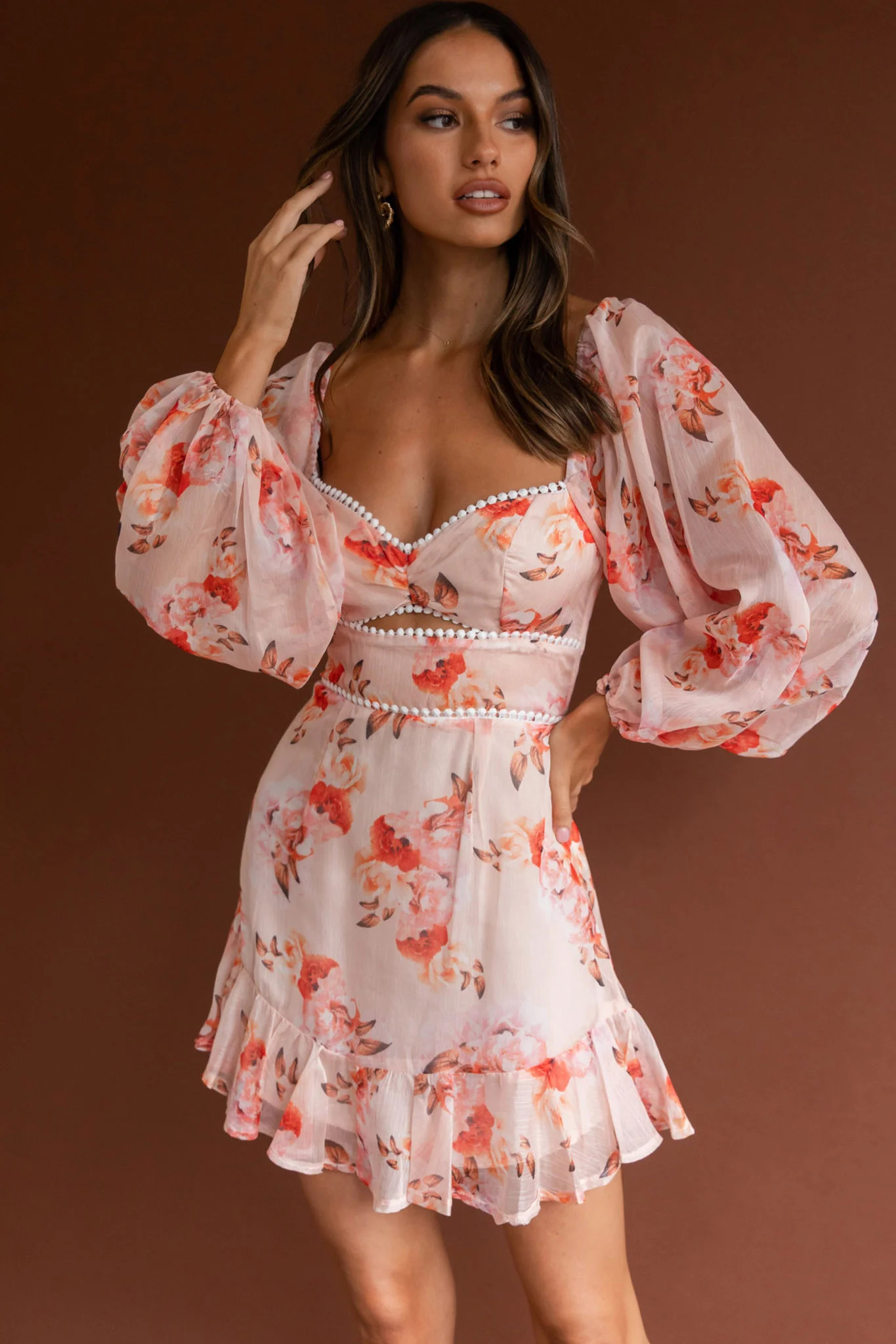 Catch Feelings Sweetheart Neckline Dot Trim Dress Rose Print Orange - Sonourner