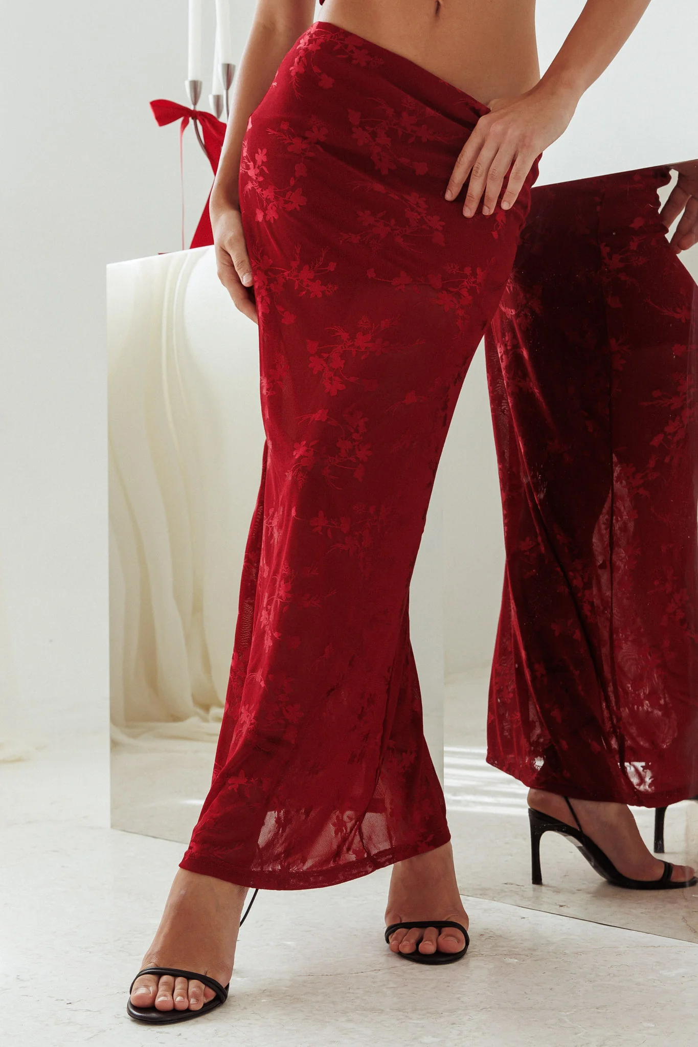 After Party Floral Mesh Maxi Skirt Burgundy - Sonourner