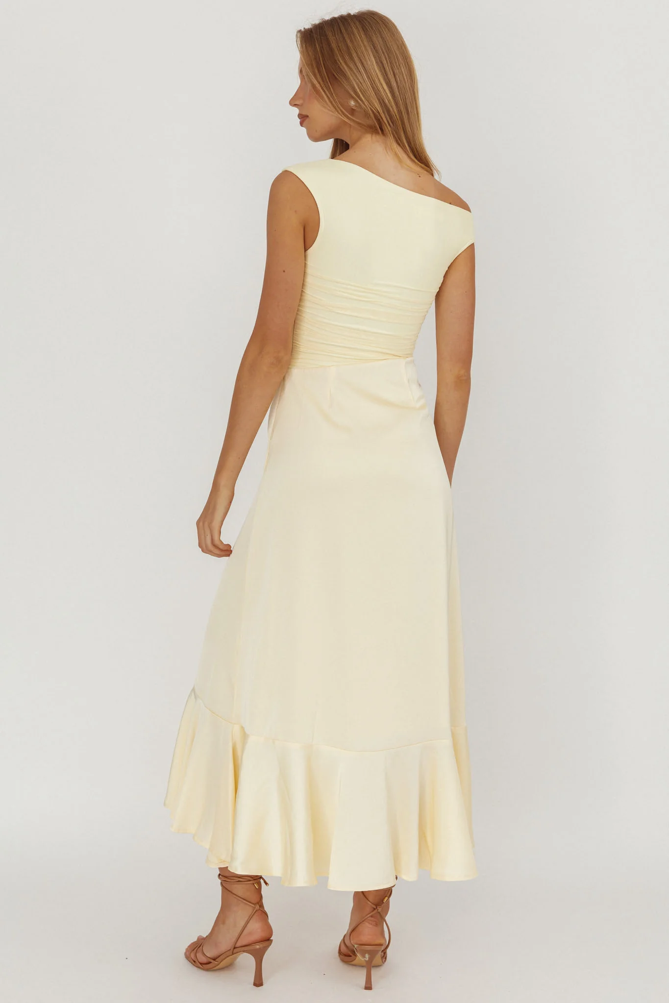 Moonlit Magic Asymmetric Neckline Satin Ruffle Dress Butter - Sonourner