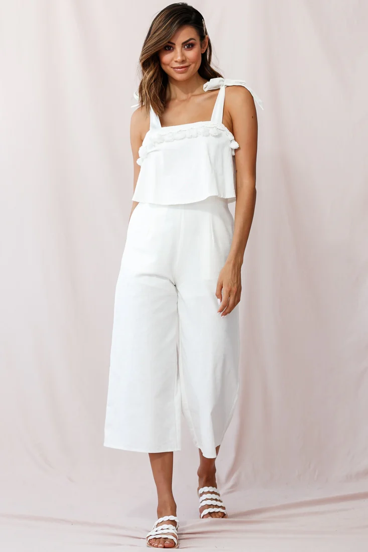 Sirocco Tassel Trim Tied Shoulder Midi Jumpsuit White - Sonourner