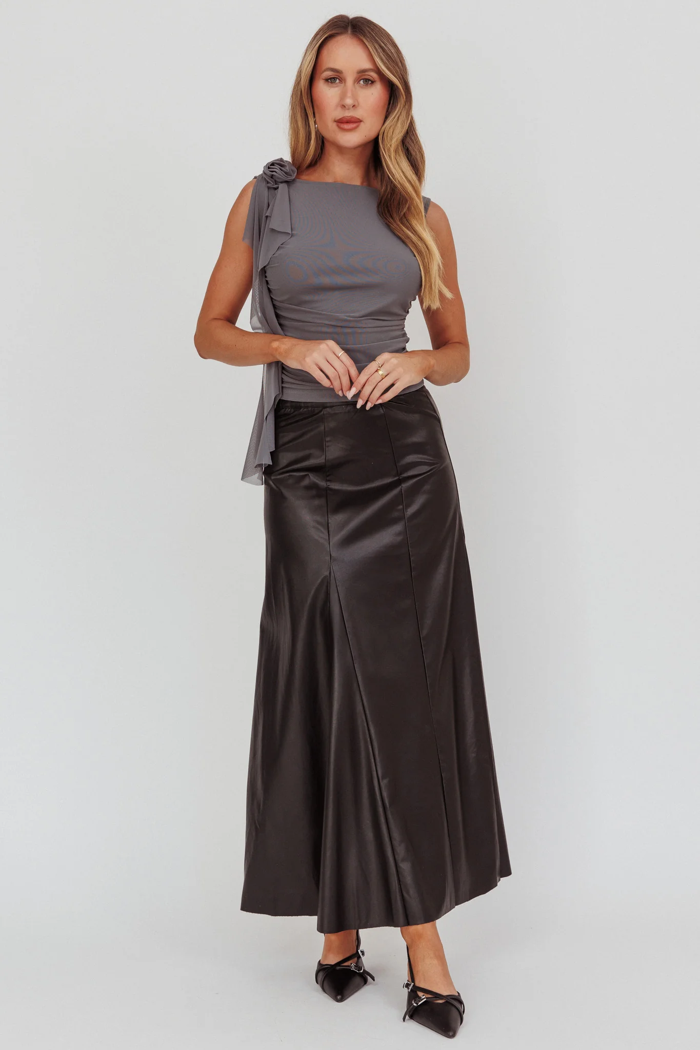 Galaxia A-Line Faux Leather Maxi Skirt Black - Sonourner