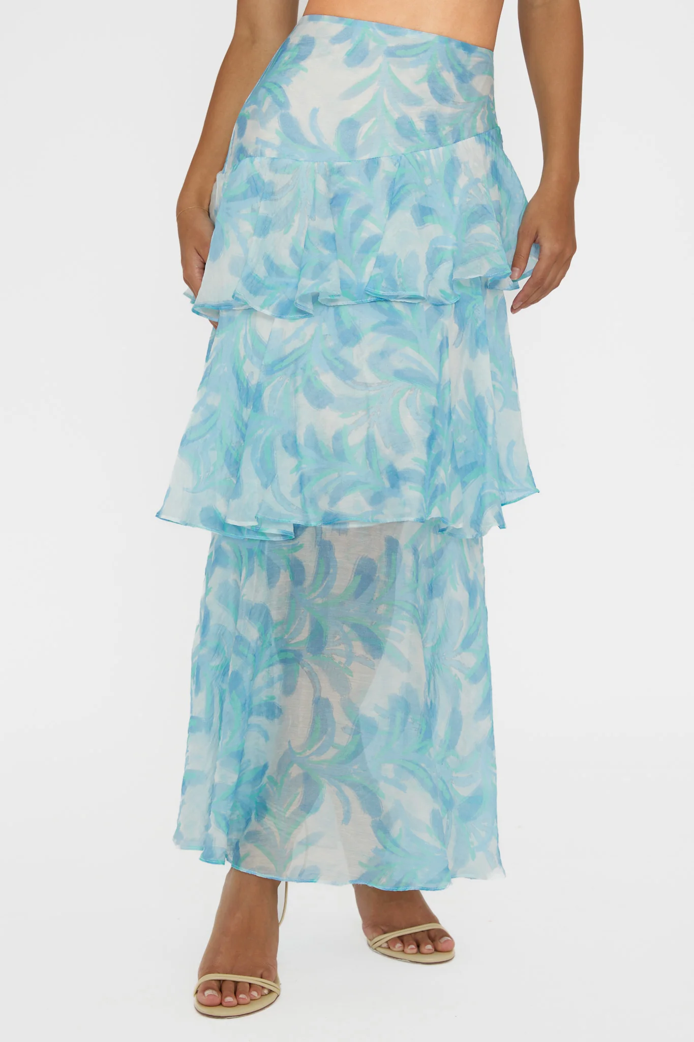 Veda Tiered Ruffle Maxi Skirt Floral Blue - Sonourner