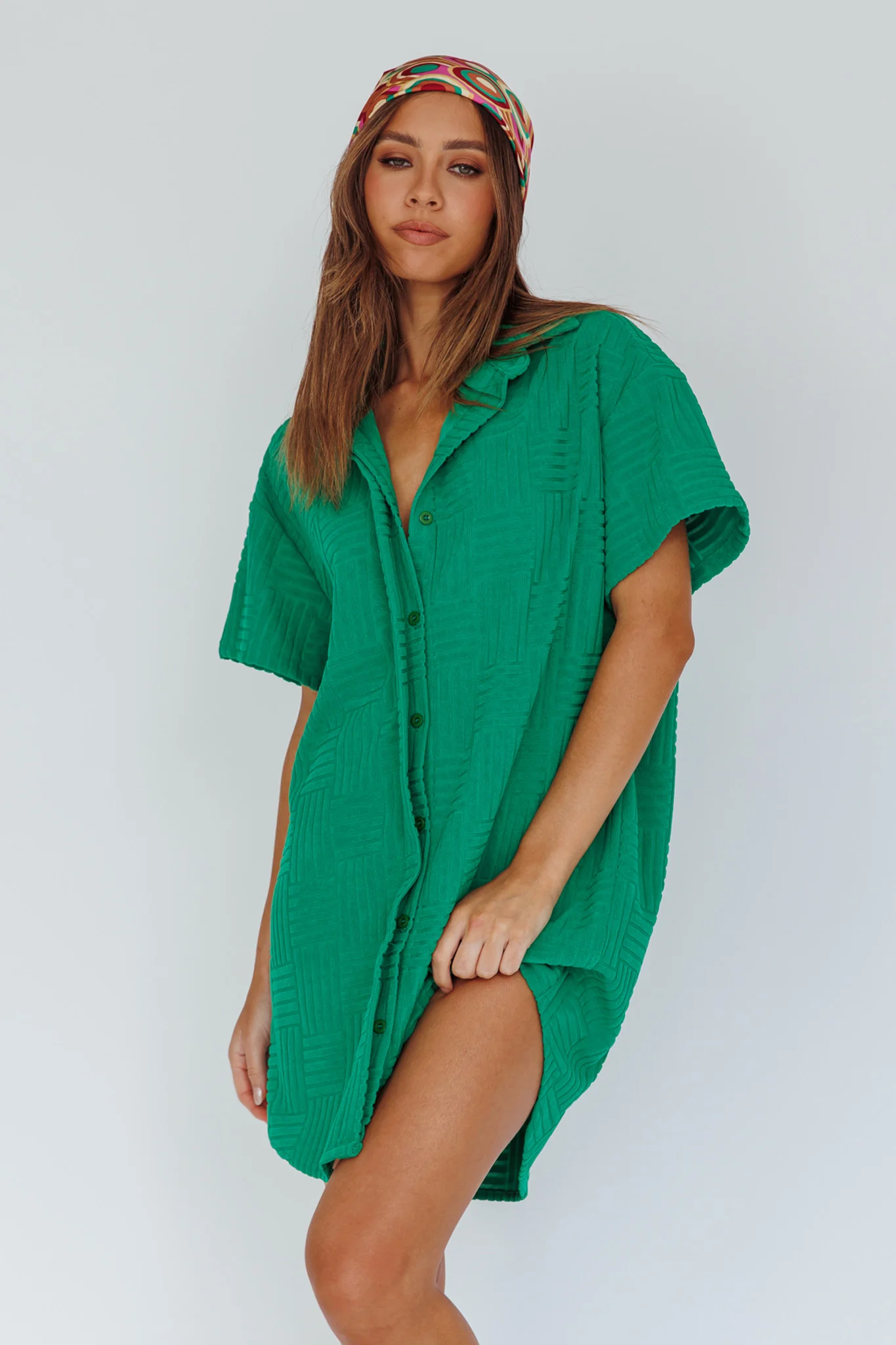 Sun Time Textured Shirt Dress Green - Sonourner
