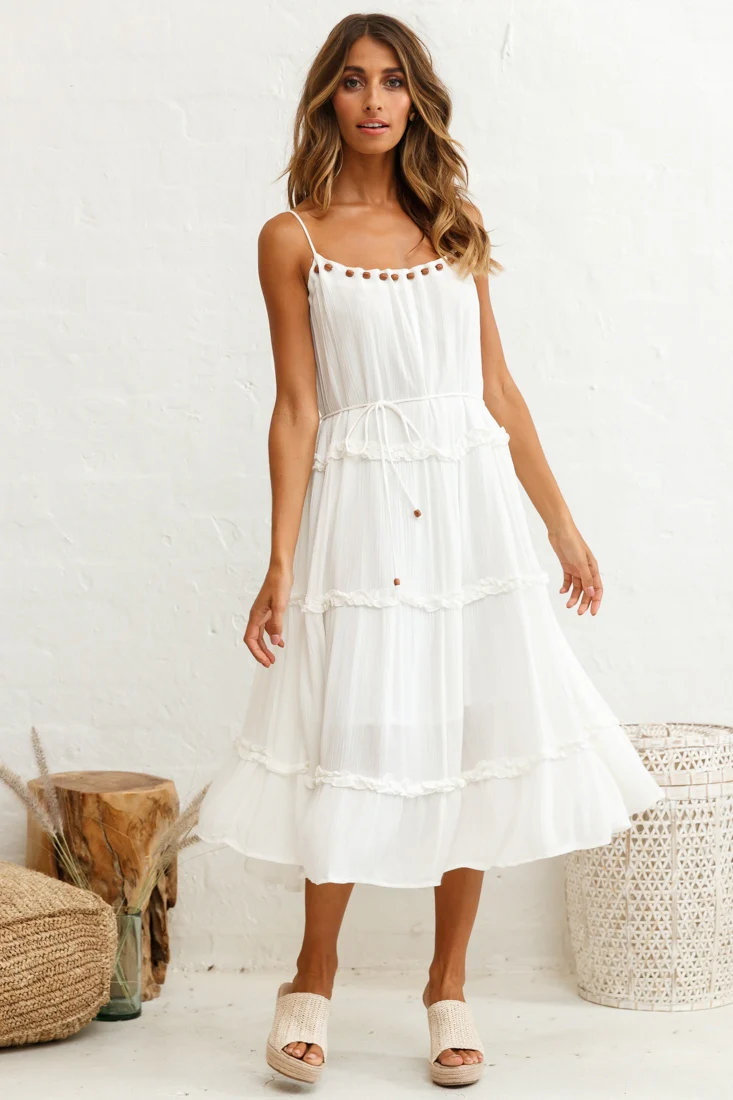 Daybreak Frill Trim Wooden Bead Midi Dress White - Sonourner