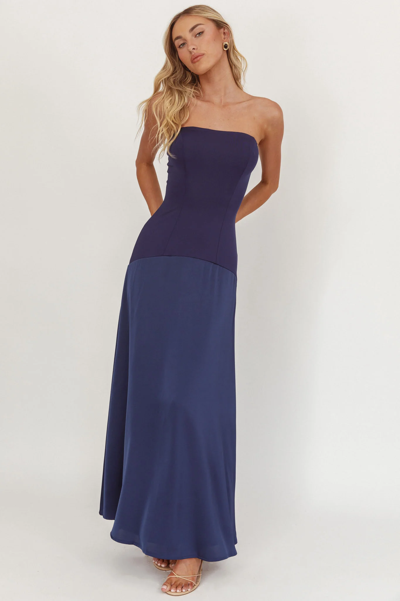 Star Avenue Strapless Drop Waist Maxi Dress Navy - Sonourner