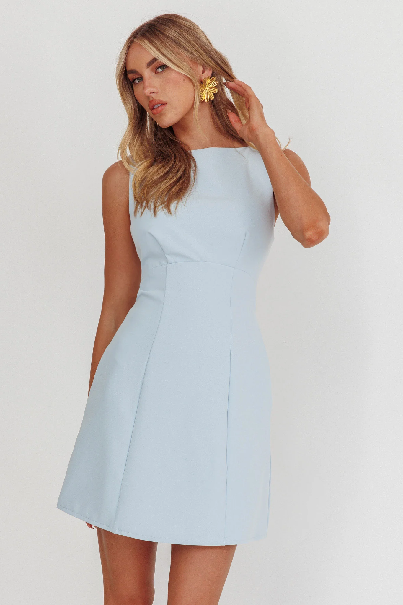 Shannon Boat Neck Sleeveless Mini Dress Light Blue - Sonourner