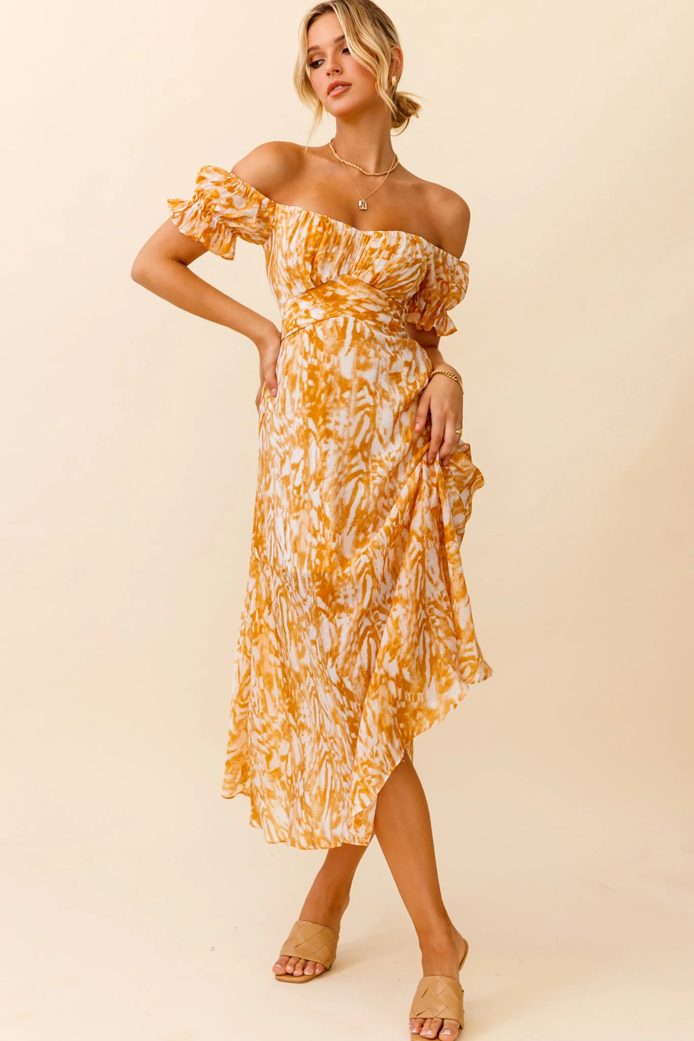 Linka Off-Shoulder Tie Back Midi Dress Printed Orange - Sonourner