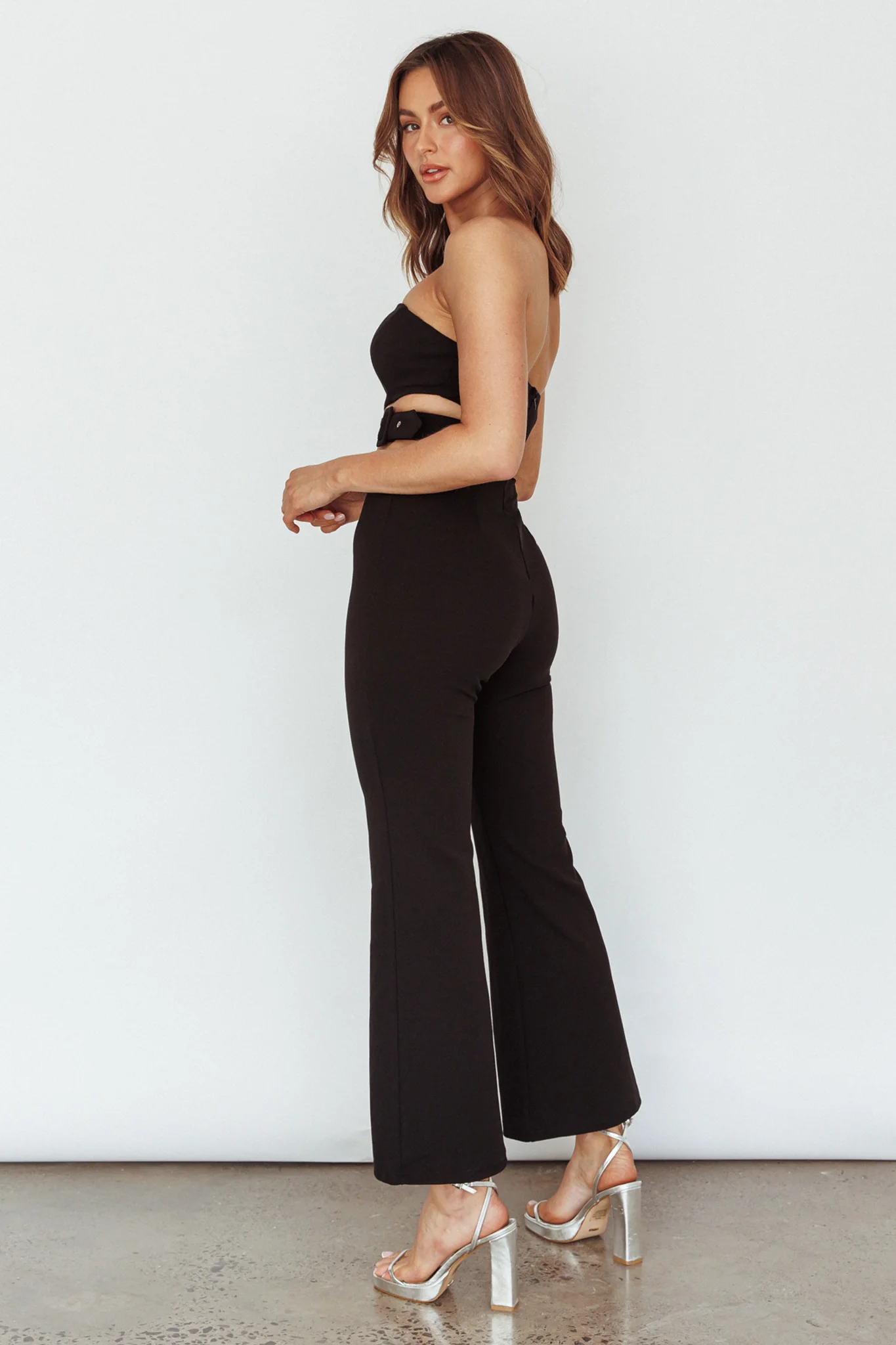 Glisten Cut-Out Buckle Waist Jumpsuit Black - Sonourner