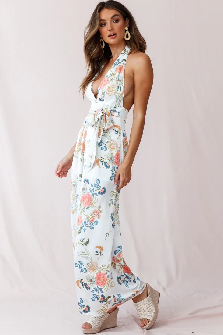 Make Me Halterneck Low Back Jumpsuit Floral Print White - Sonourner