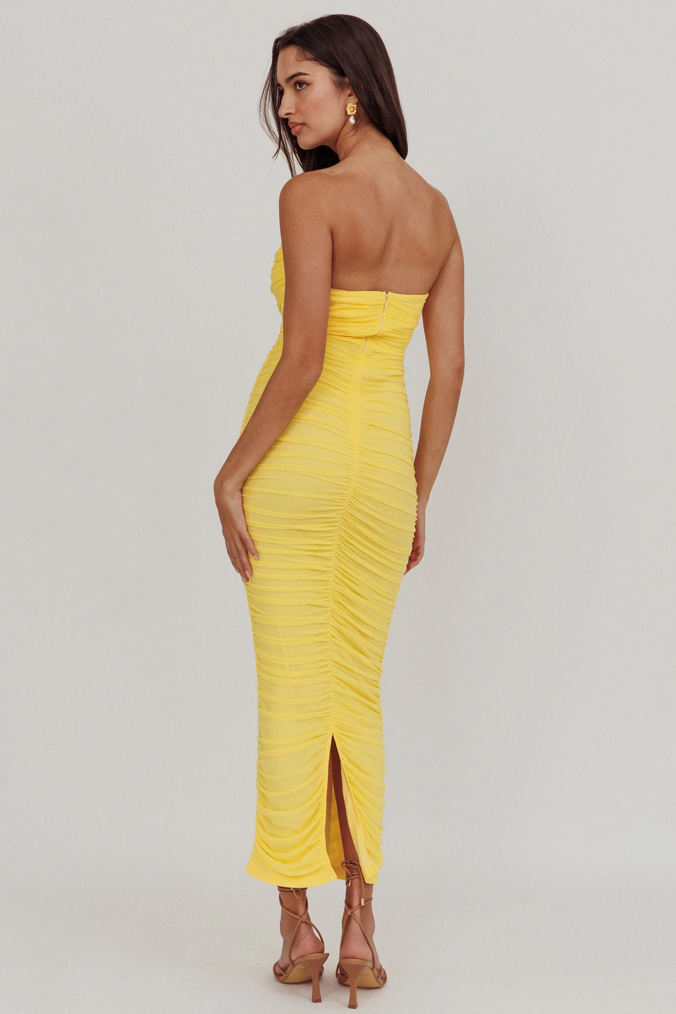 Midwest Strapless Gathered Mesh Maxi Dress Lemon - Sonourner