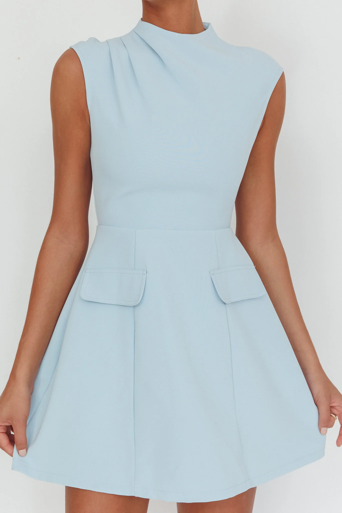 Thandi Pleat Shoulder Faux Pocket Mini Dress Steel Blue - Sonourner