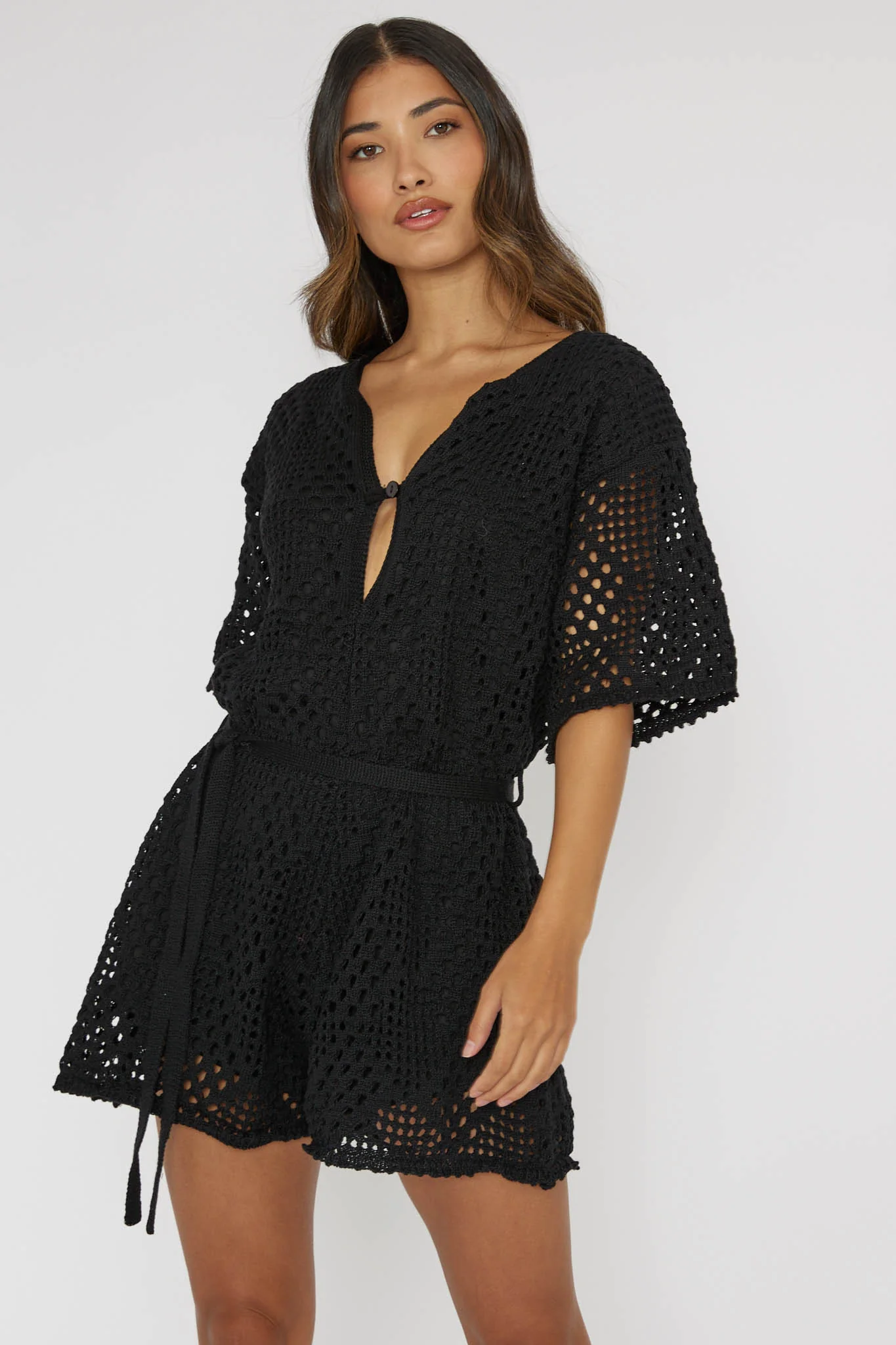 Asana Crochet Button Romper Black - Sonourner