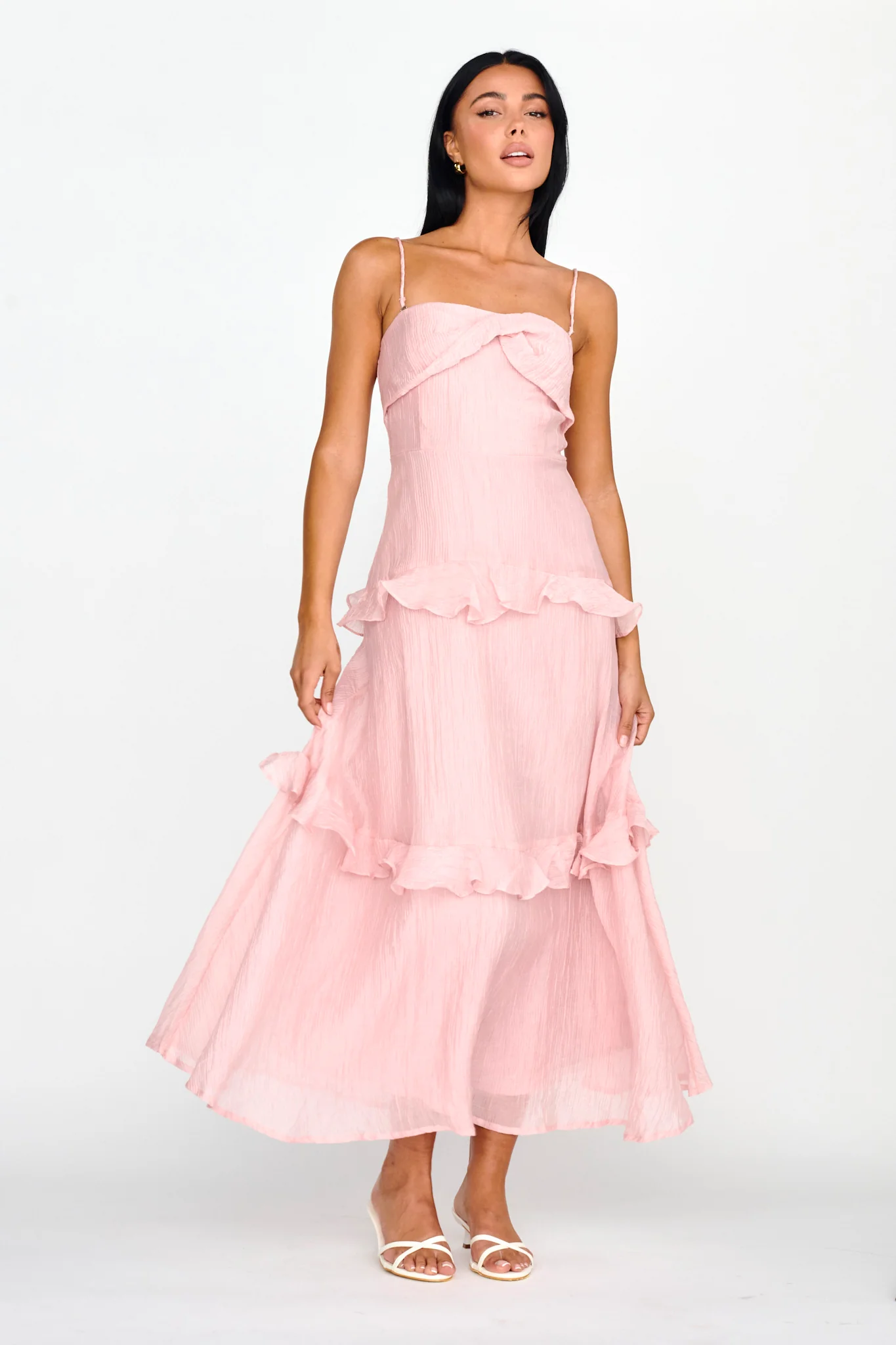 Rise & Glow Frill Trim Textured Midi Dress Blush - Sonourner