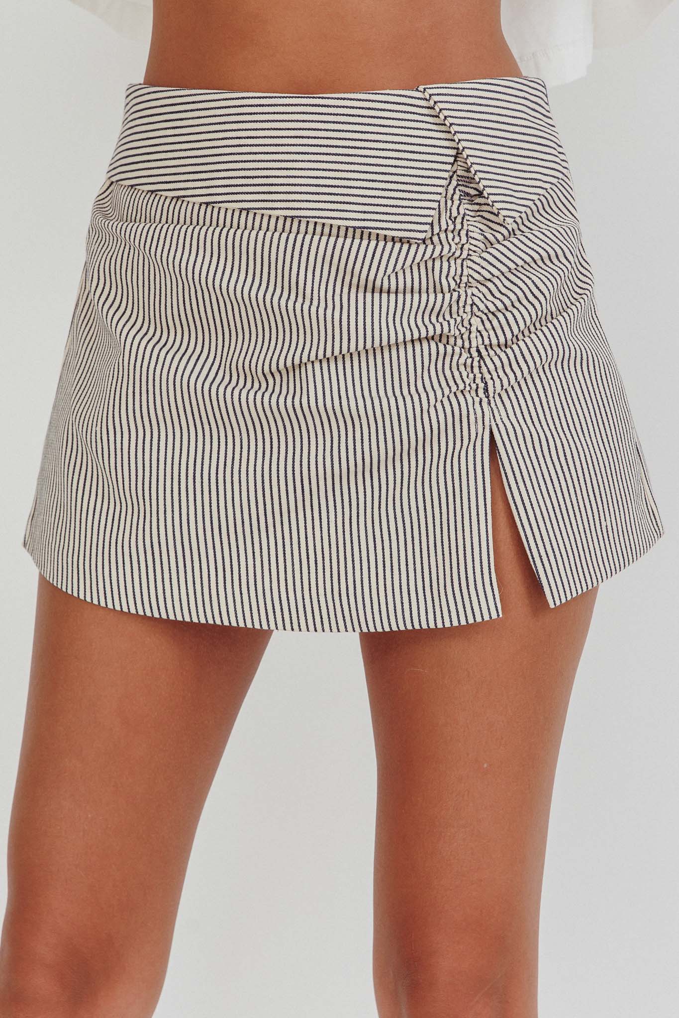 Dariah Foldover Slit Mini Skirt Stripe Linen - Sonourner