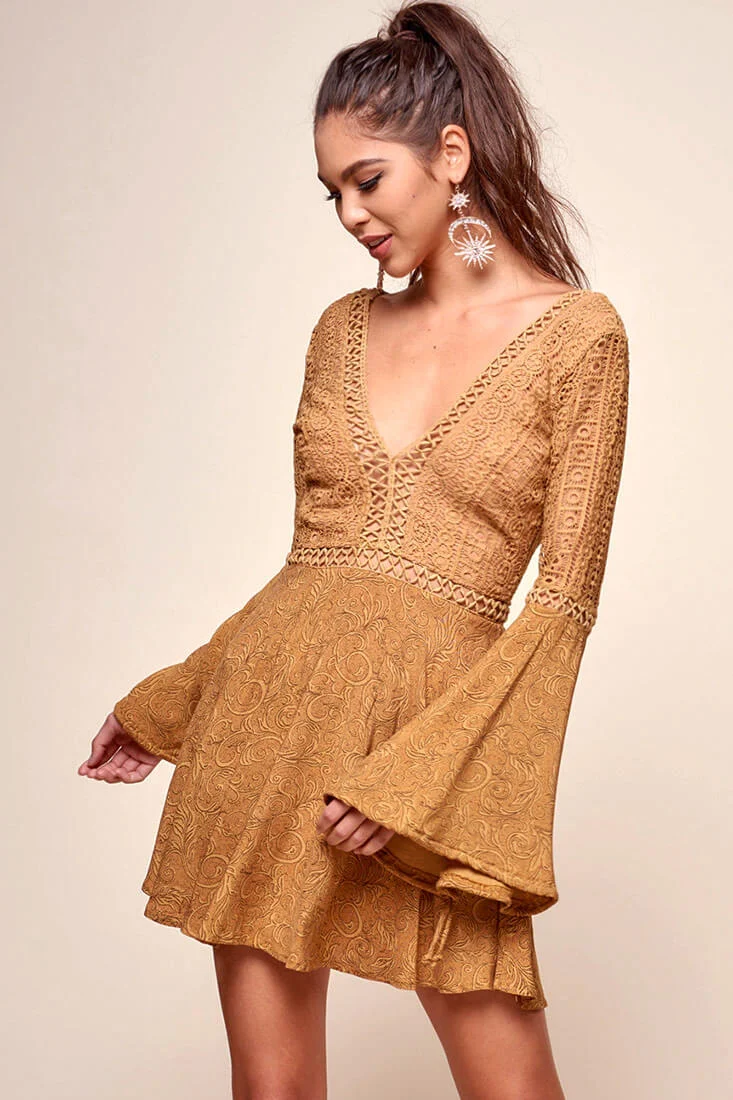 Carson Crochet Bell Sleeve Dress Tan - Sonourner