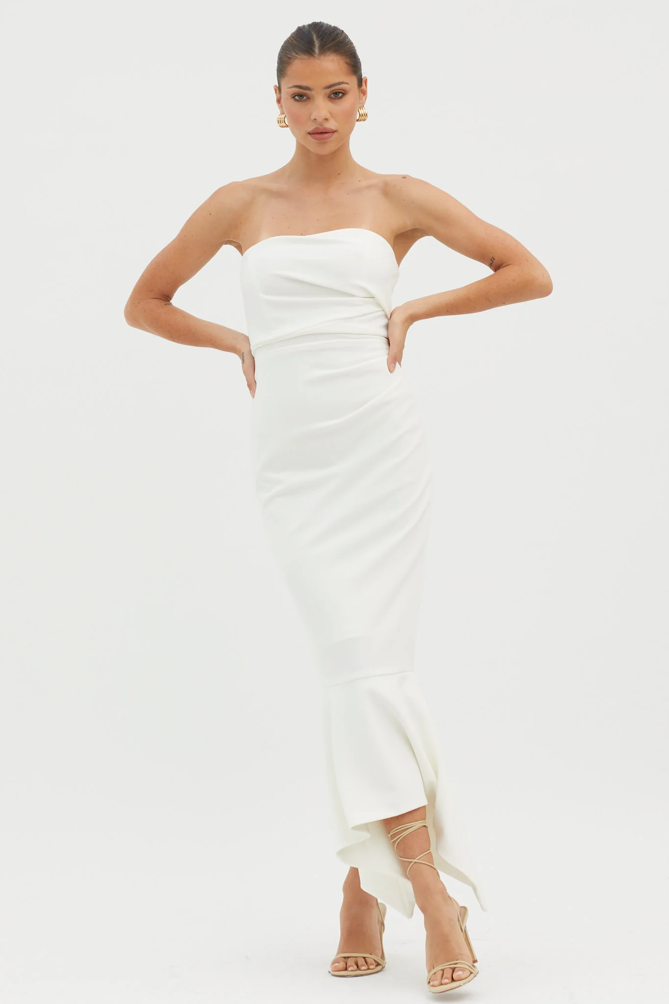 Sharona Strapless Gathered Midi Dress White - Sonourner