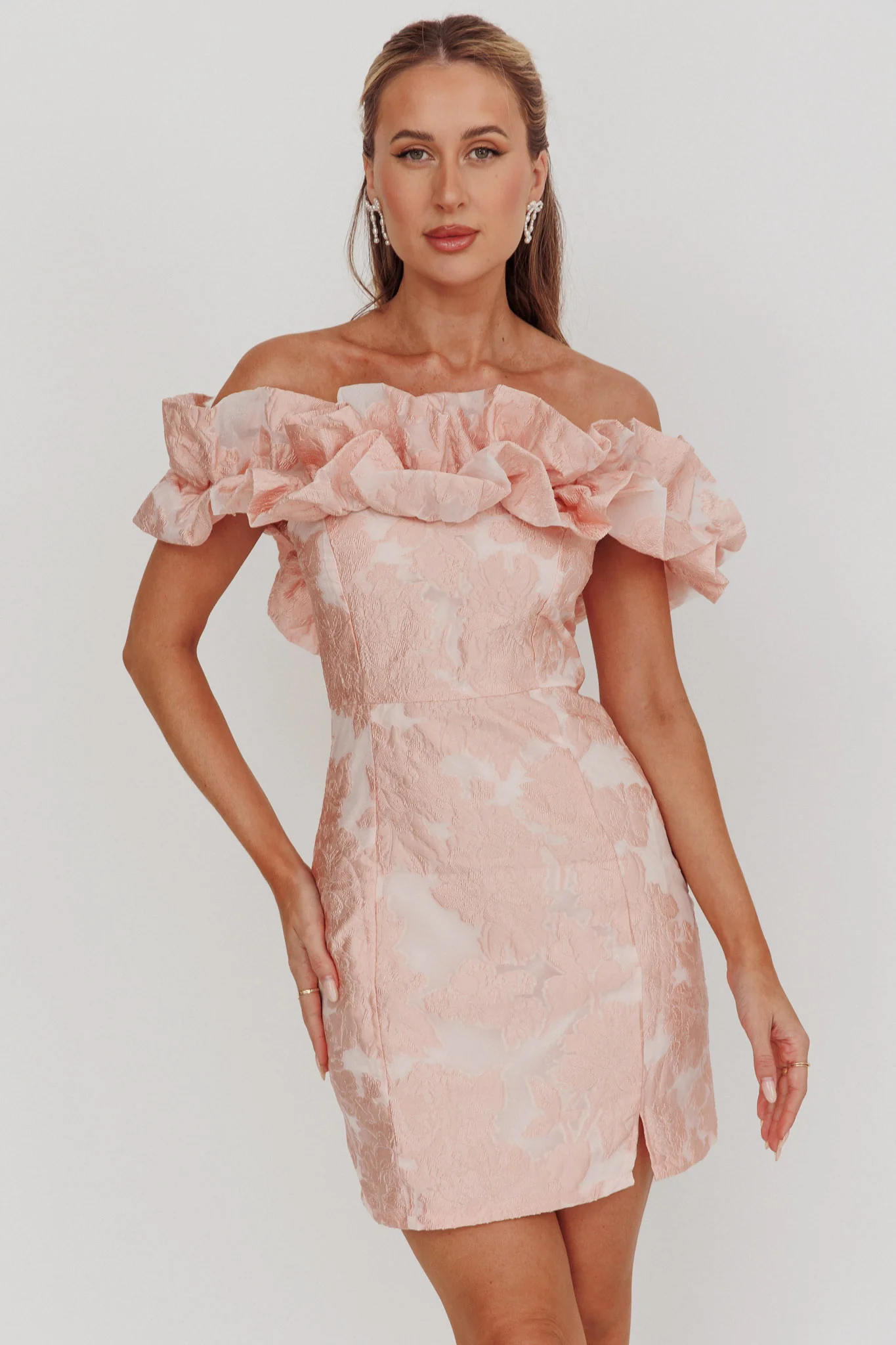 Memoire Off-Shoulder Jacquard Mini Dress Blush - Sonourner