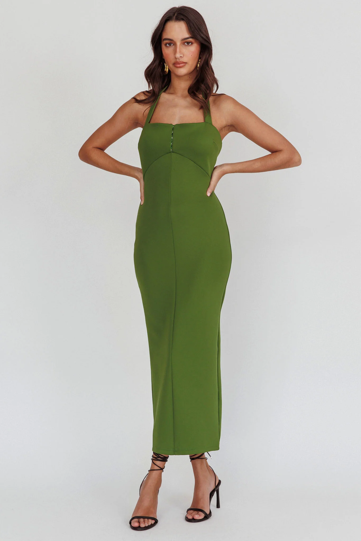 Goldfoil Halter Neck Maxi Dress Olive - Sonourner