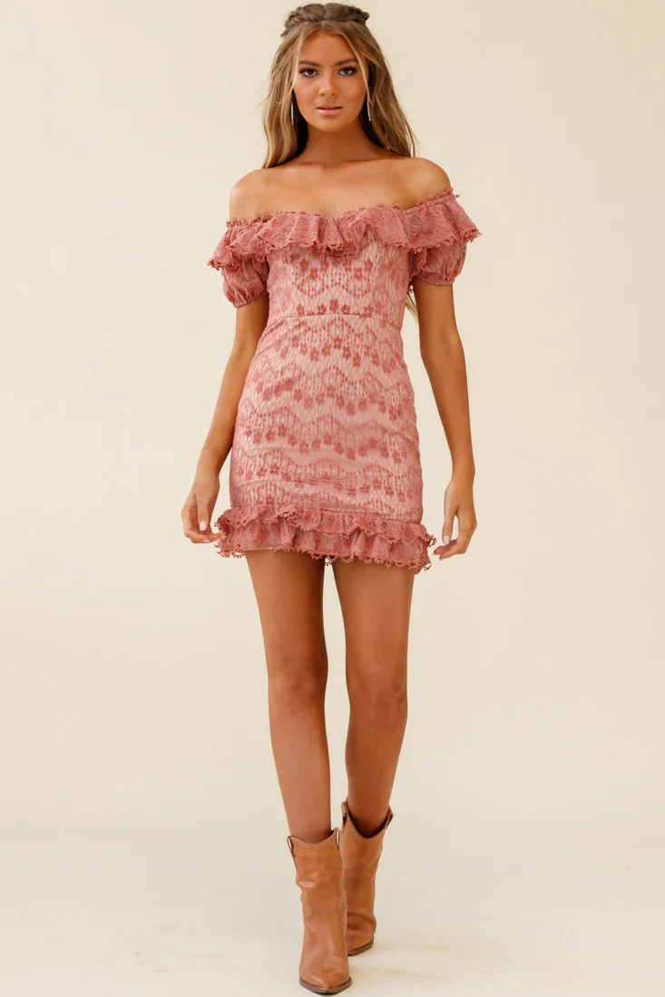 Bobby Bardot Neckline Floral Lace Overlay Dress Rose - Sonourner